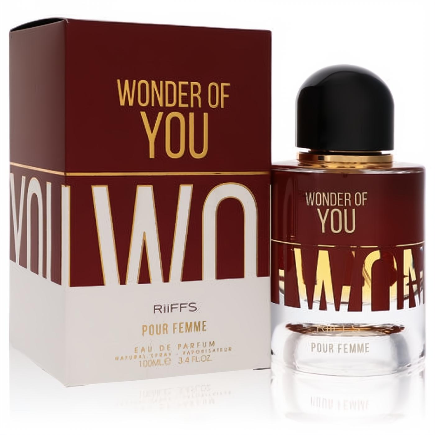 Luxurious Riiffs Wonder Of You 3.4 oz women's EDP. Burgundy and gold bottle with clear base, black cap, and matching elegant box.