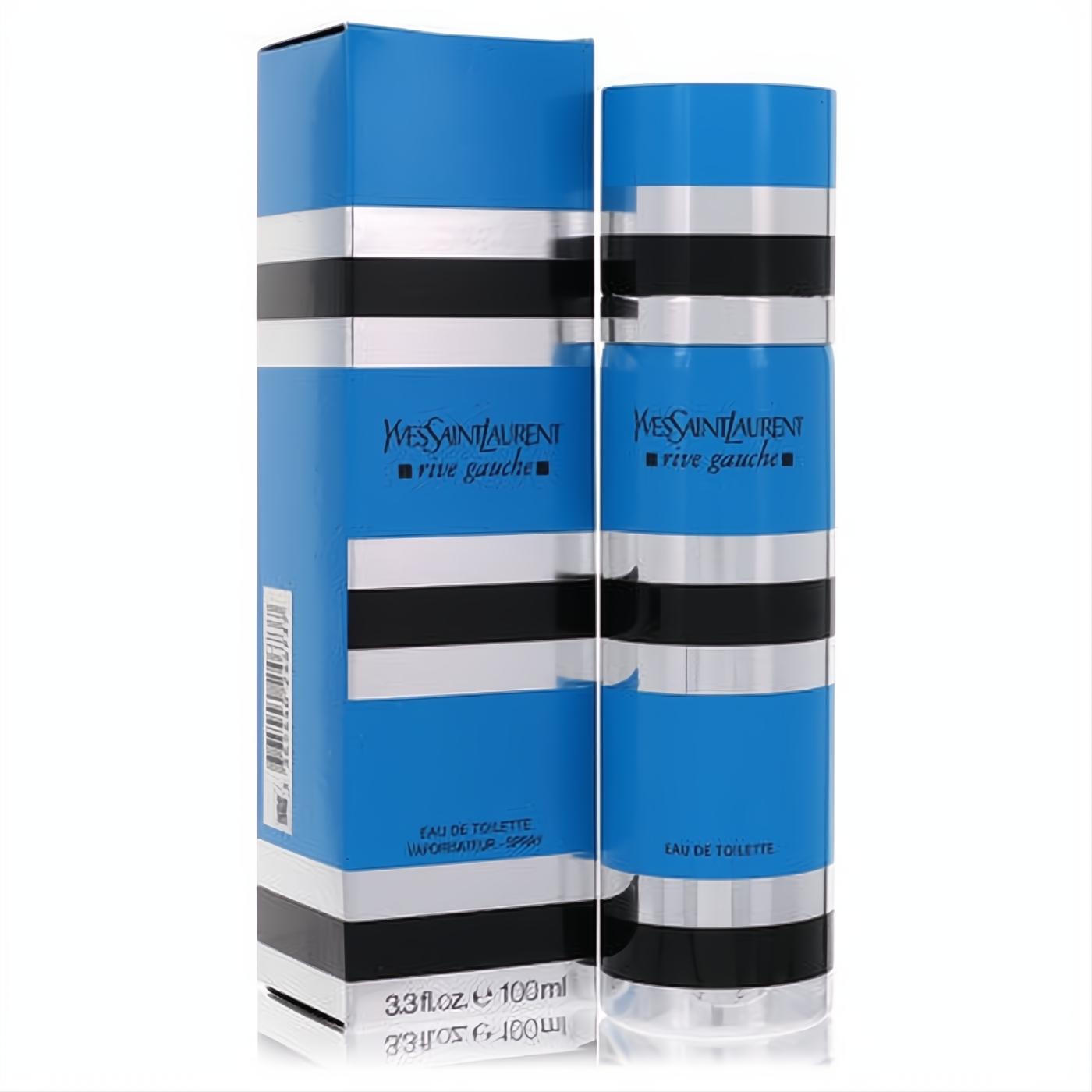 YSL Rive Gauche 3.3 oz EDT spray. Iconic blue bottle & box with silver and black stripes.