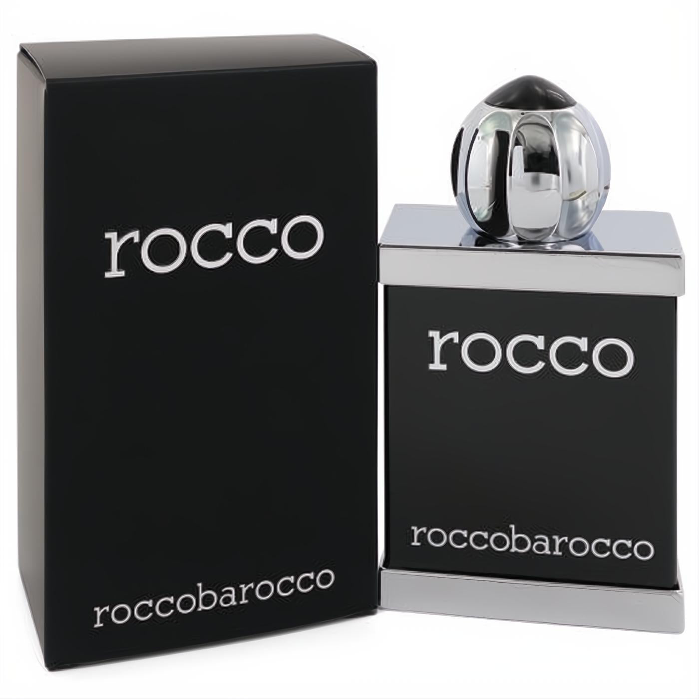 Rocco Black Roccobarocco men's 3.4 oz Eau De Toilette. Modern black bottle with silver trim and distinctive chrome cap.