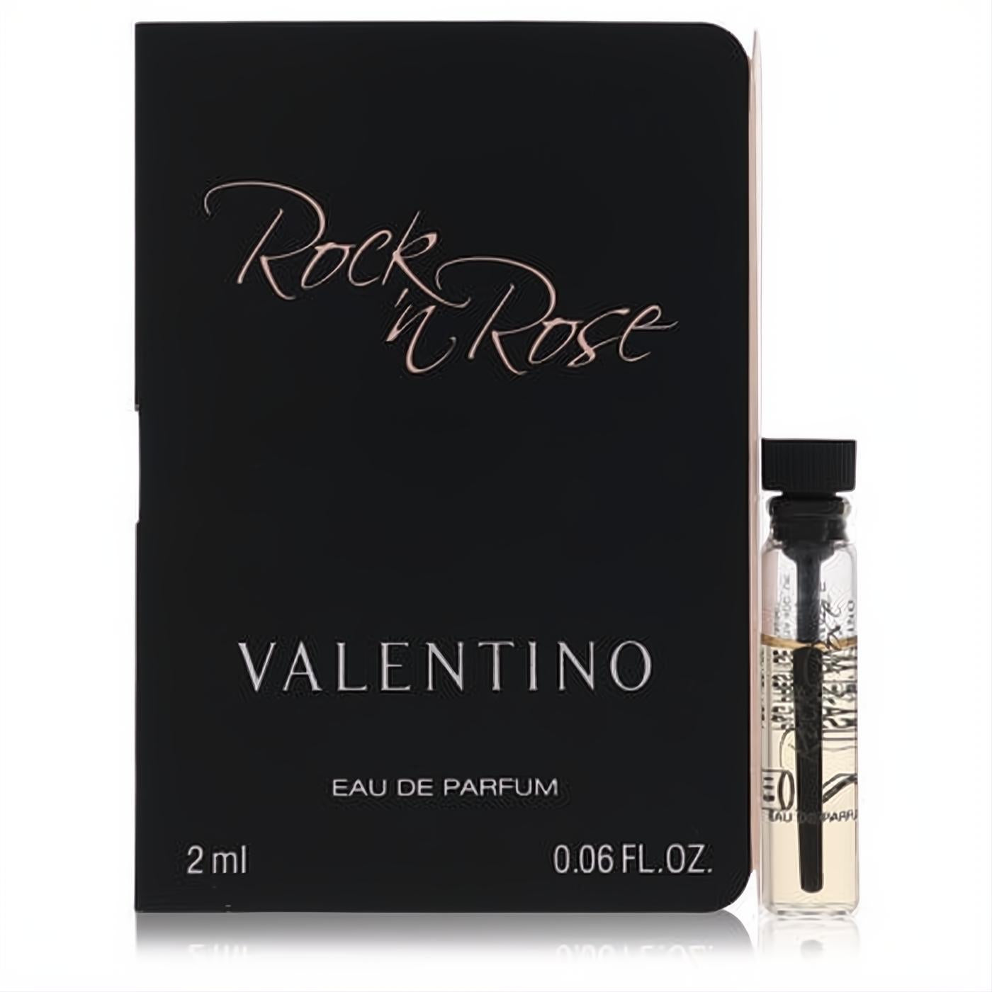 Elegant black Valentino Rock 'n Rose Eau de Parfum 0.06 fl.oz. sample, featuring a clear glass vial for a luxurious scent experience.