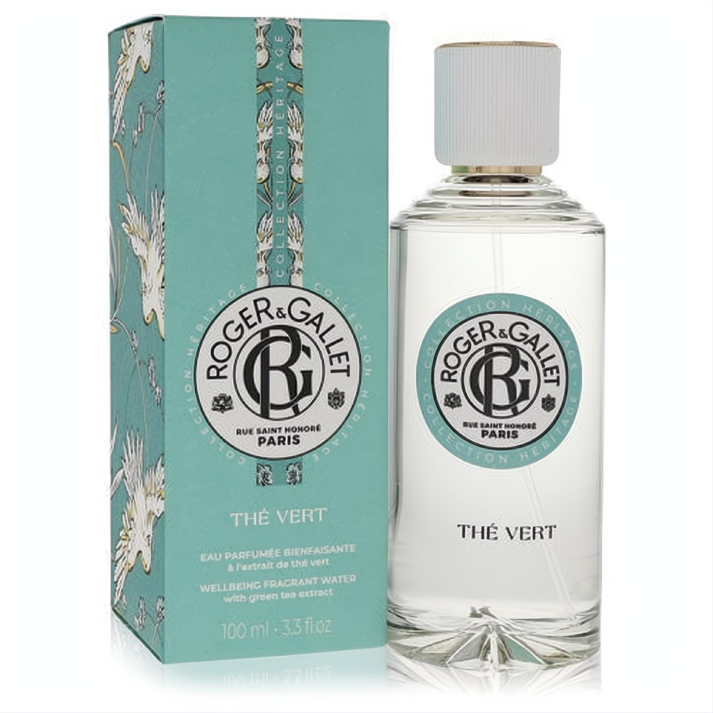 Roger & Gallet The Vert Eau Fraiche 3.3 oz women's fragrance. Clear bottle, elegant teal box with white bird design.
