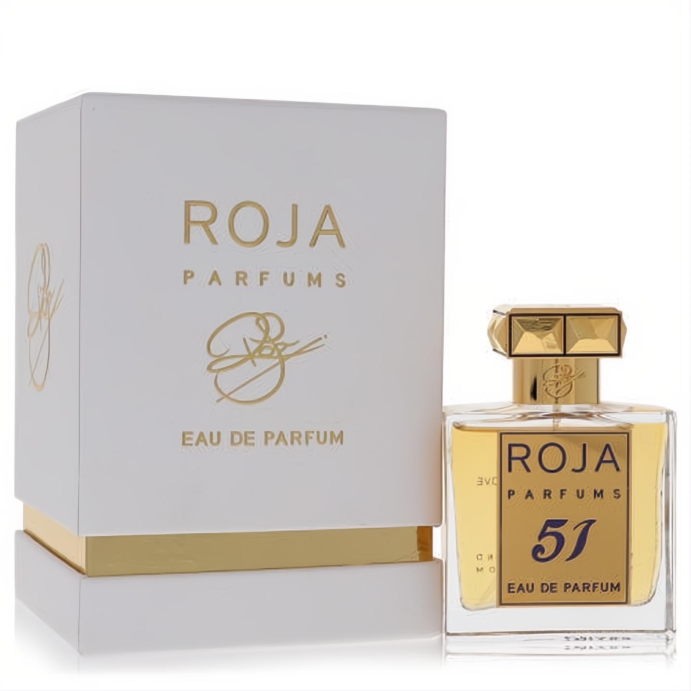 Roja 51 Pour Femme 1.7 oz EDP in a clear glass bottle with ornate gold cap and label, beside its elegant white and gold box.