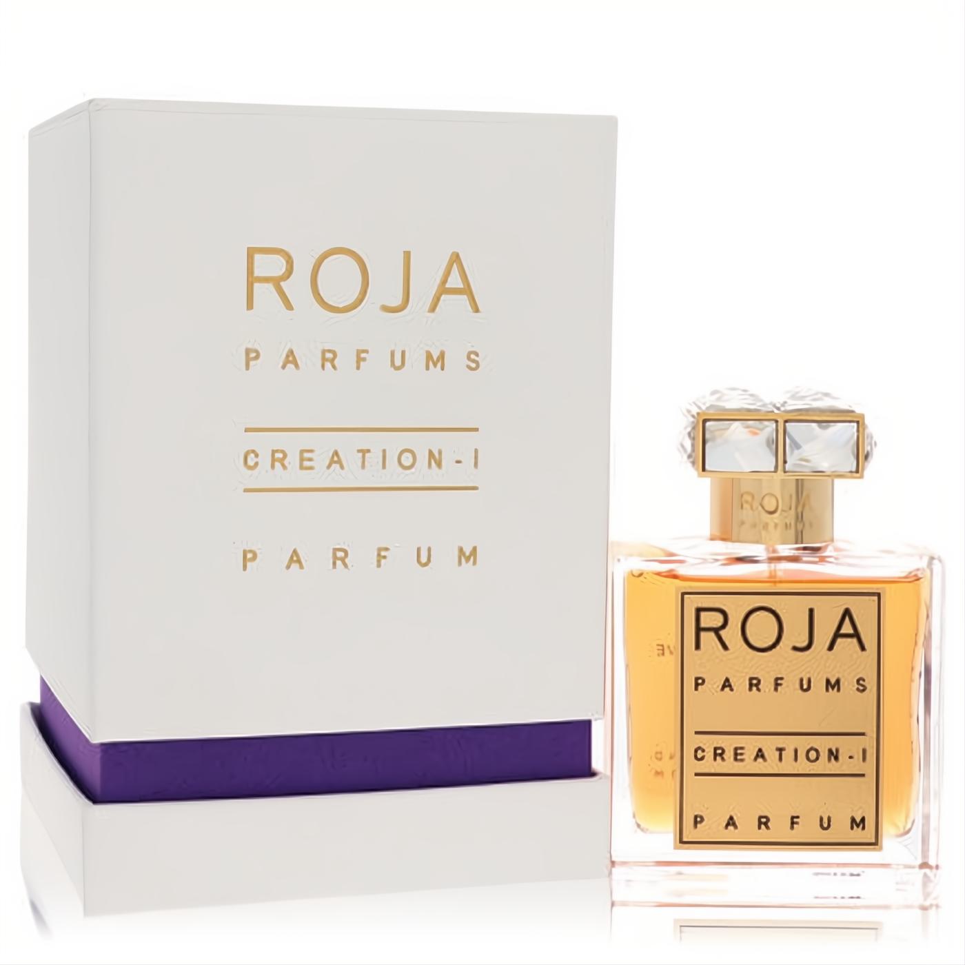 Roja Creation-I 1.7 oz Extrait De Parfum: elegant clear glass bottle with gold label and dazzling faceted crystal cap.