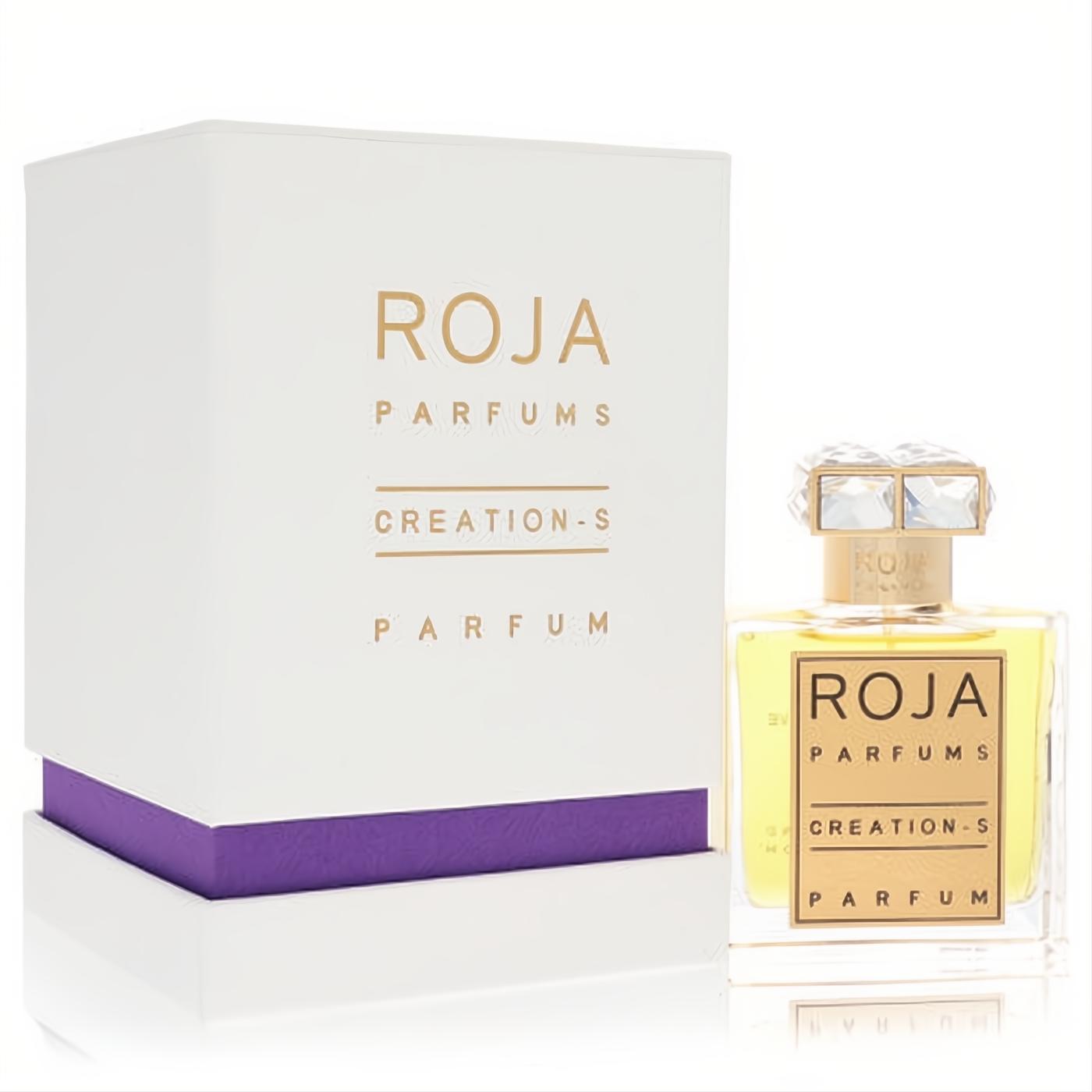 Luxurious Roja Creation-S 1.7 oz Extrait De Parfum. Elegant clear bottle with gold label, faceted cap, and white & purple box.