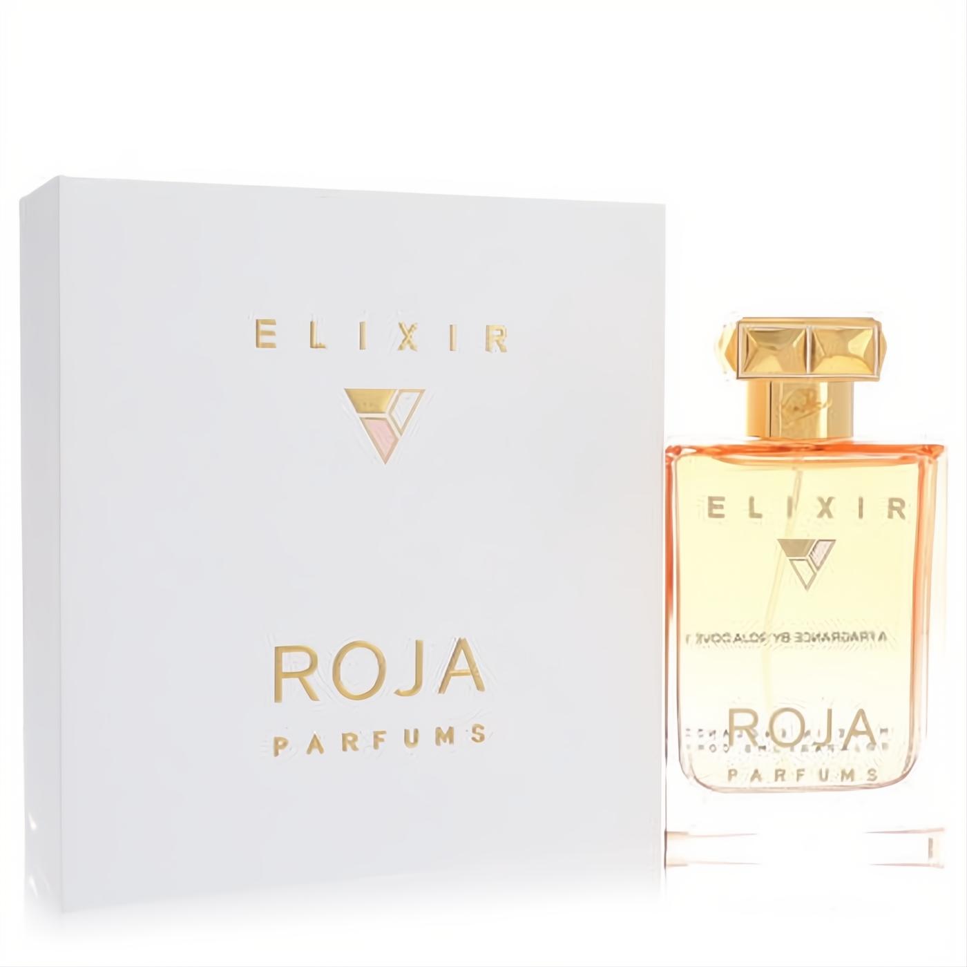 Luxurious Roja Elixir Essence De Parfum bottle with amber liquid, gold cap, and elegant white box with gold accents.