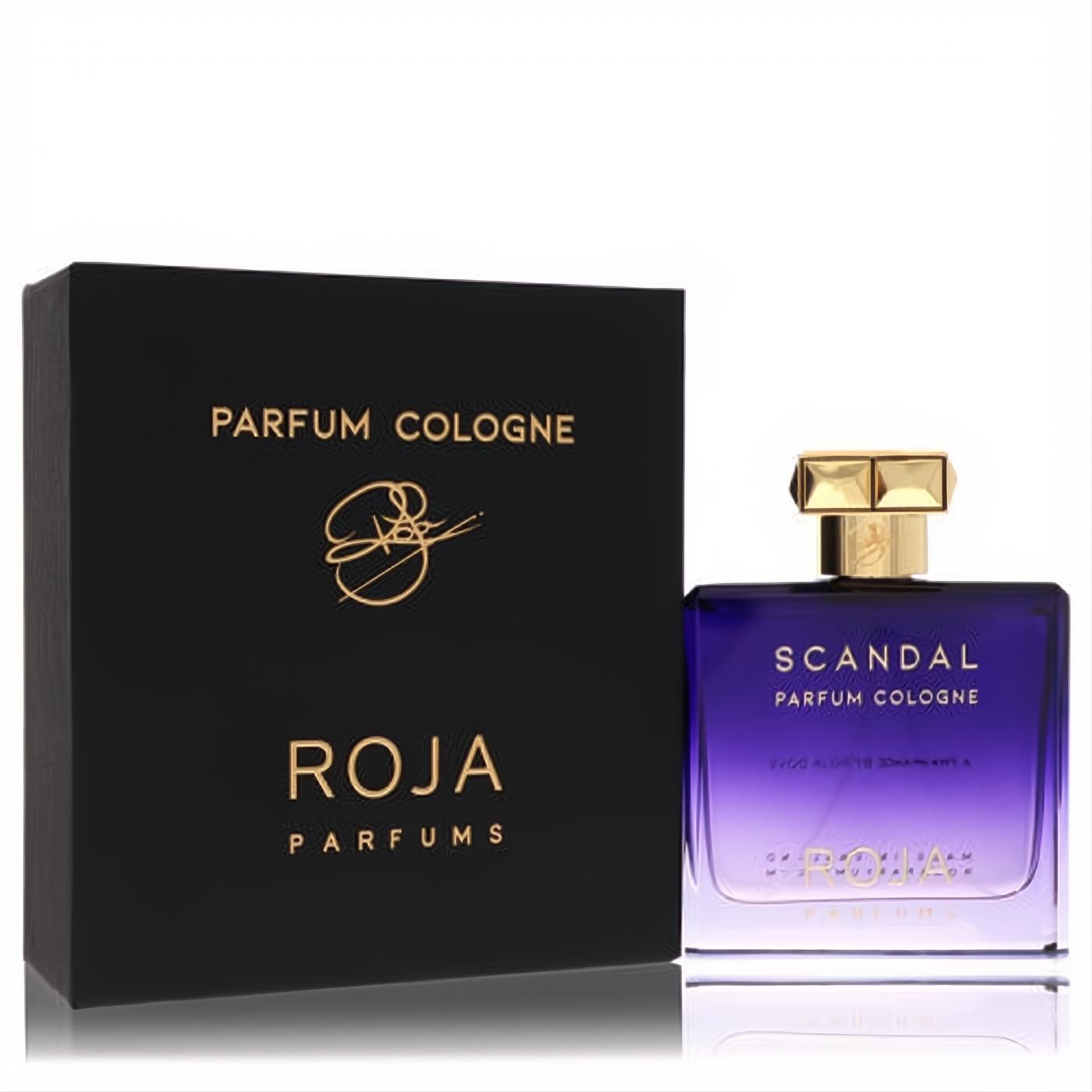 Luxurious Roja Scandal Parfum Cologne. Elegant black box, gold accents. Purple gradient glass bottle with gold cap.
