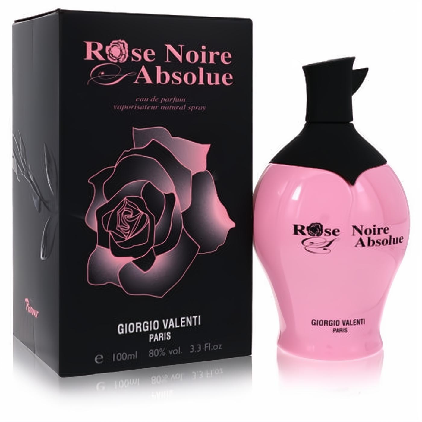 Giorgio Valenti Rose Noire Absolue women's EDP. Pink sculpted bottle, black cap, and elegant black box with a vibrant pink rose.