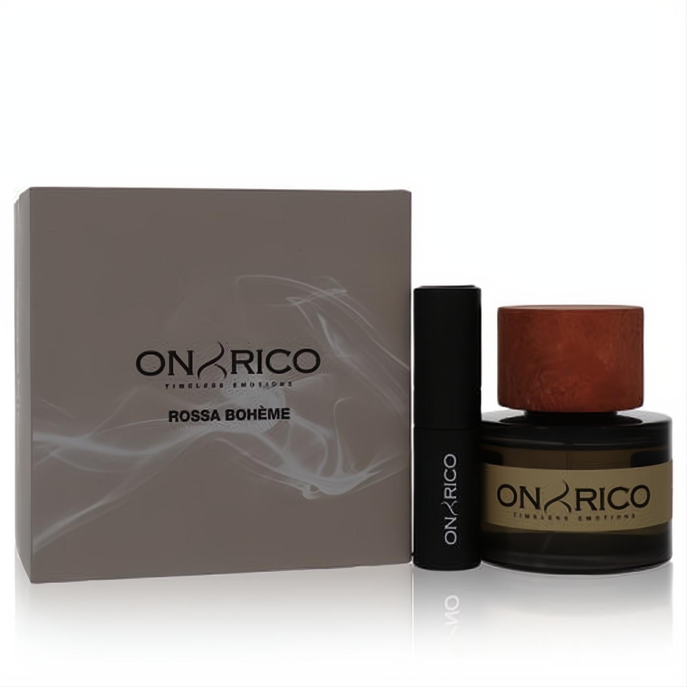 Onyrico Rossa Boheme fragrance set: elegant grey box, sleek black spray, and dark amber bottle with a rustic wooden cap.