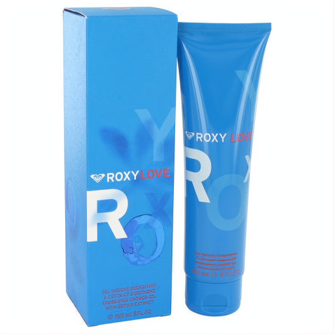 Roxy Love 5 oz shower gel. Vibrant blue tube and matching box with iconic white and red logo for a refreshing experience.