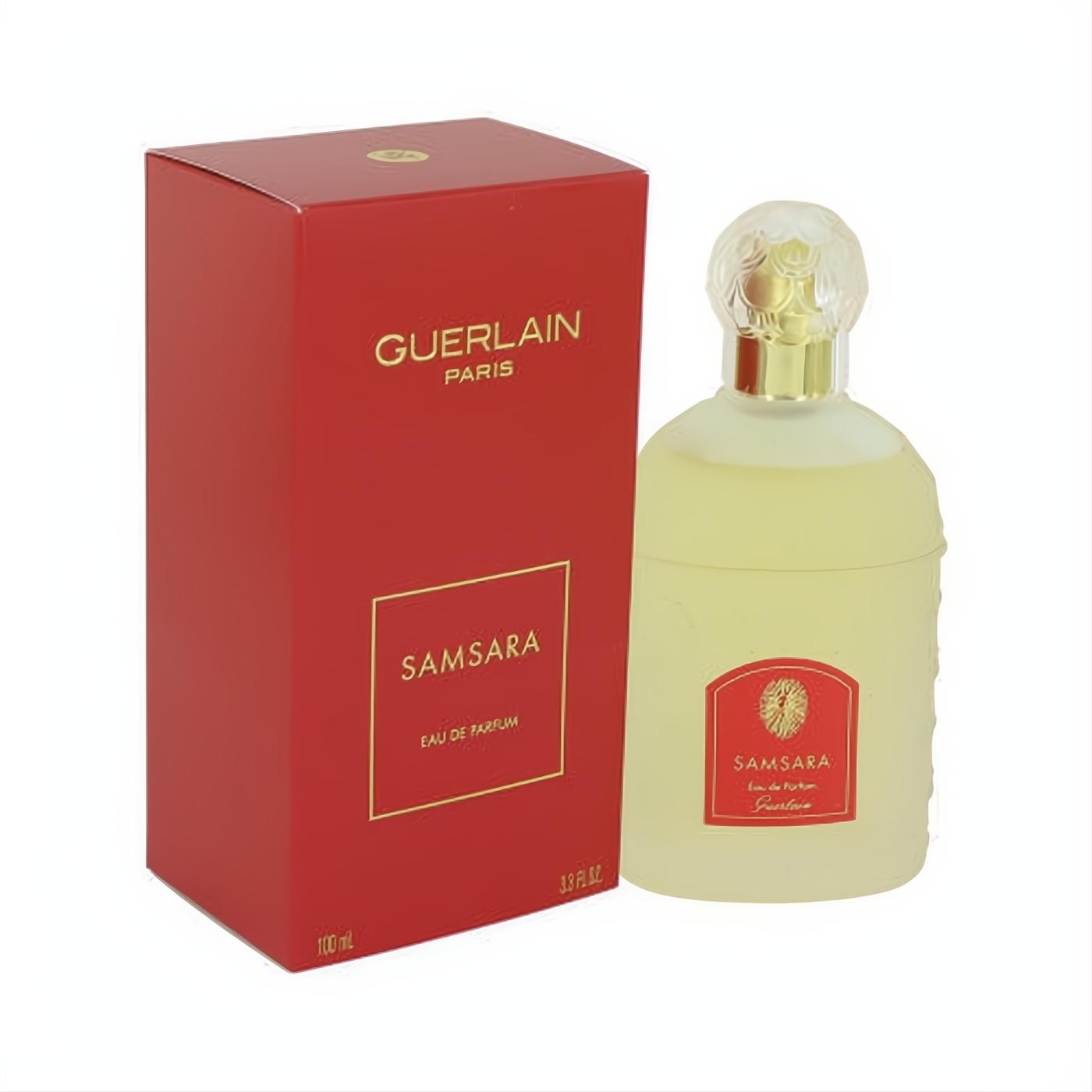 Guerlain Samsara 3.4 oz Eau de Parfum. Elegant red box and classic glass bottle with gold details, unique floral cap.