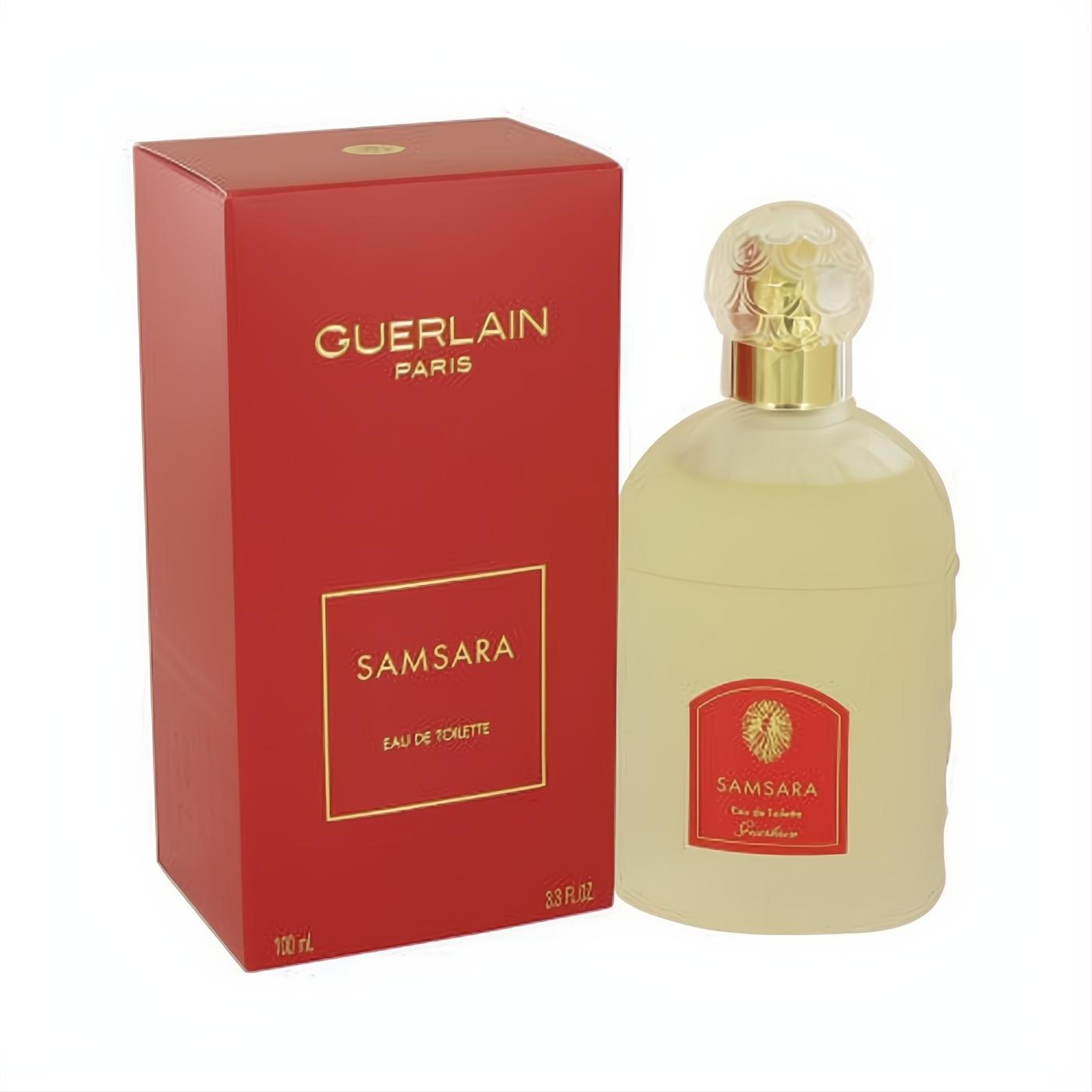 Guerlain SAMSARA 3.3 oz Eau de Toilette. Elegant frosted glass bottle with intricate gold cap and vibrant red box.