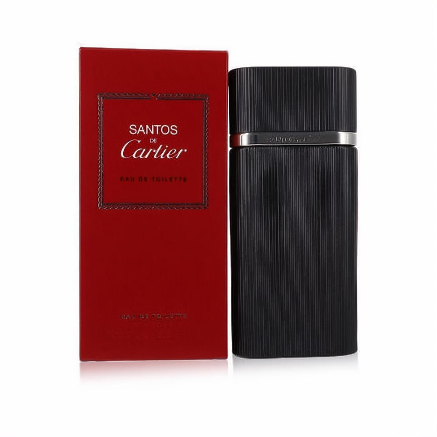 Sophisticated Santos de Cartier Eau de Toilette spray: a sleek black ribbed bottle with silver trim, presented in its iconic red box.
