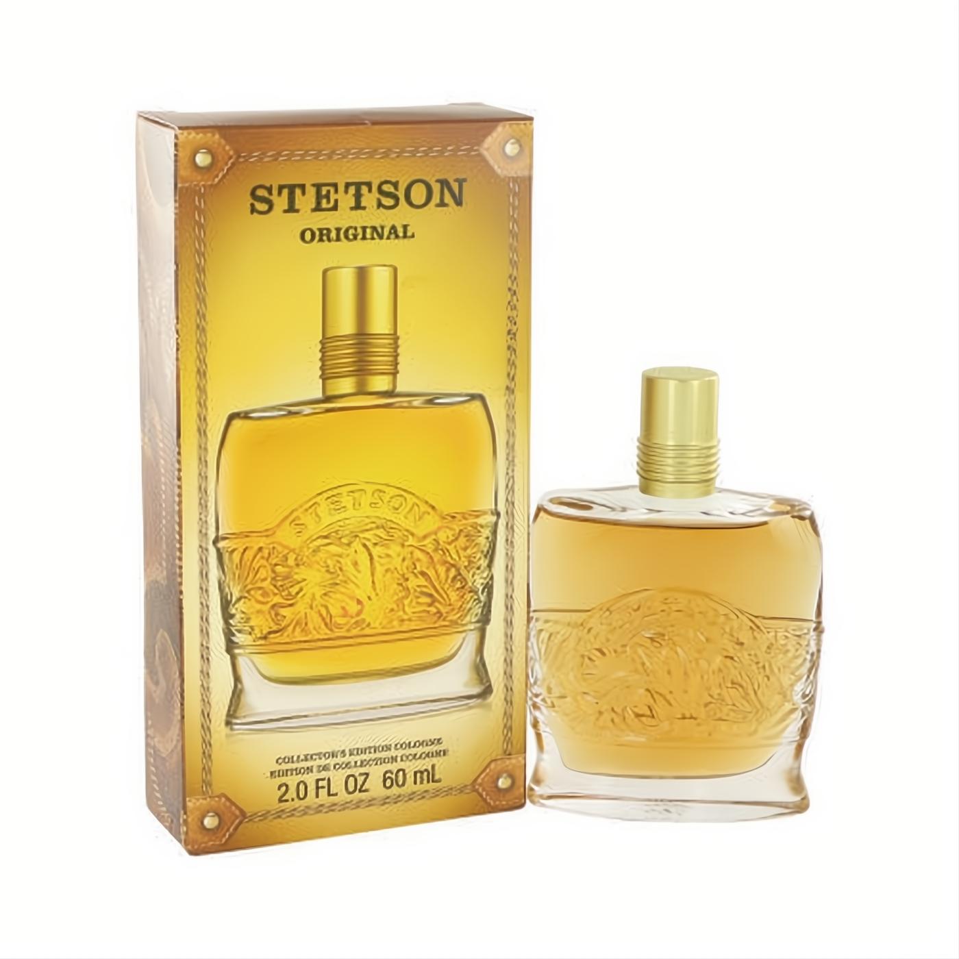 Stetson Original 2 oz cologne in an ornate clear glass decanter with gold cap, beside its matching gold collector's edition box.