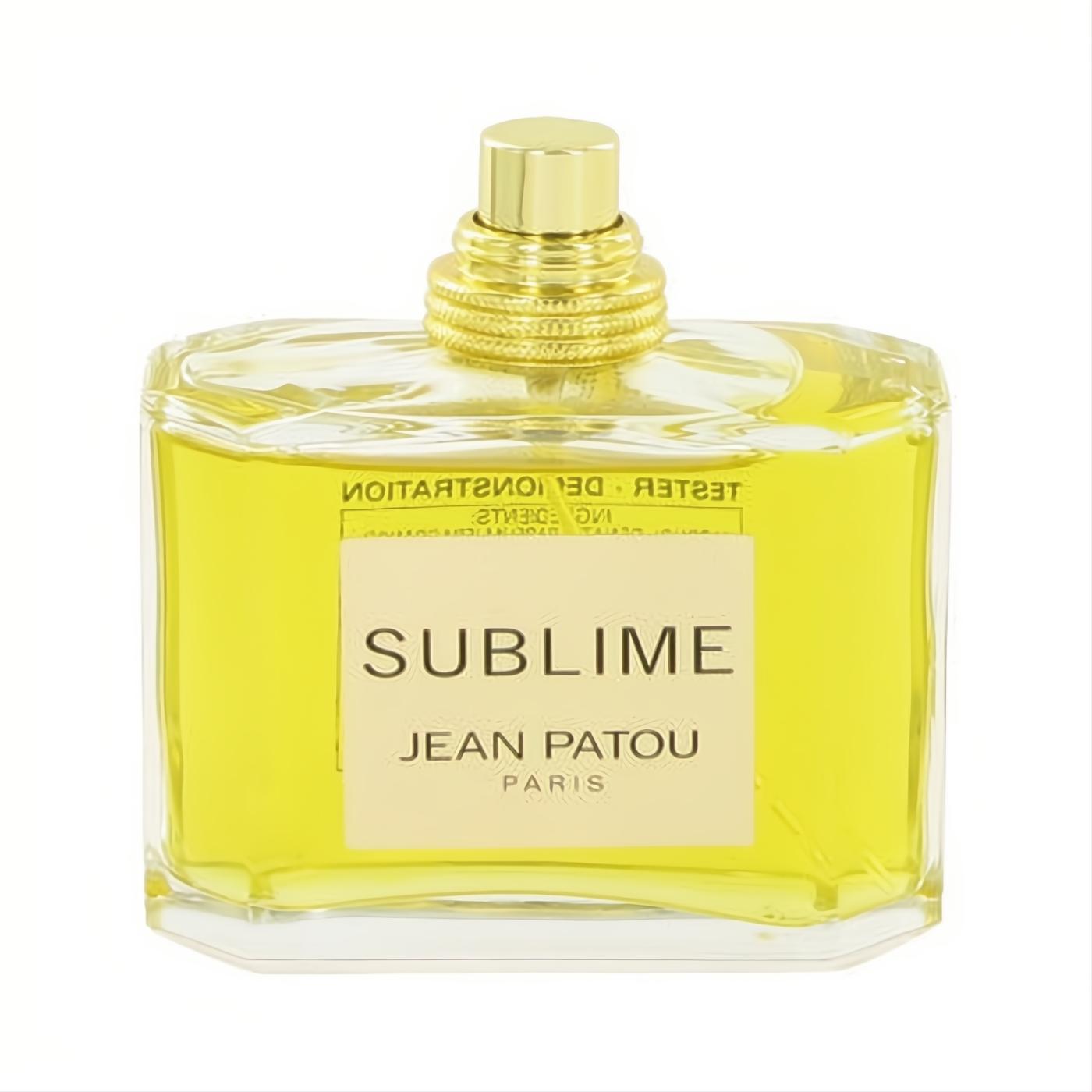 SUBLIME by Jean Patou 2.5 oz tester EDP spray. Clear glass bottle, radiant yellow fragrance, elegant gold cap, and iconic label.