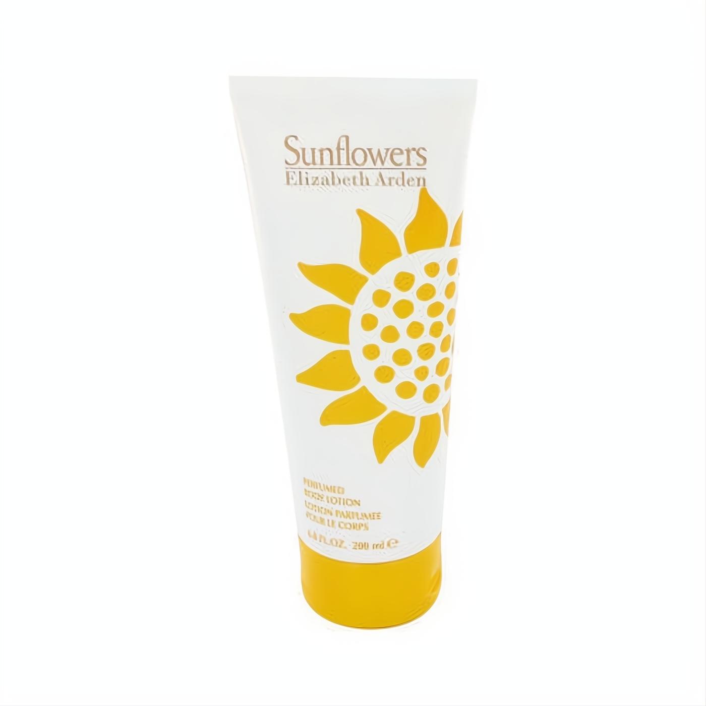 Elizabeth Arden Sunflowers 6.8 oz perfumed body lotion. White tube with a vibrant yellow sunflower design.
