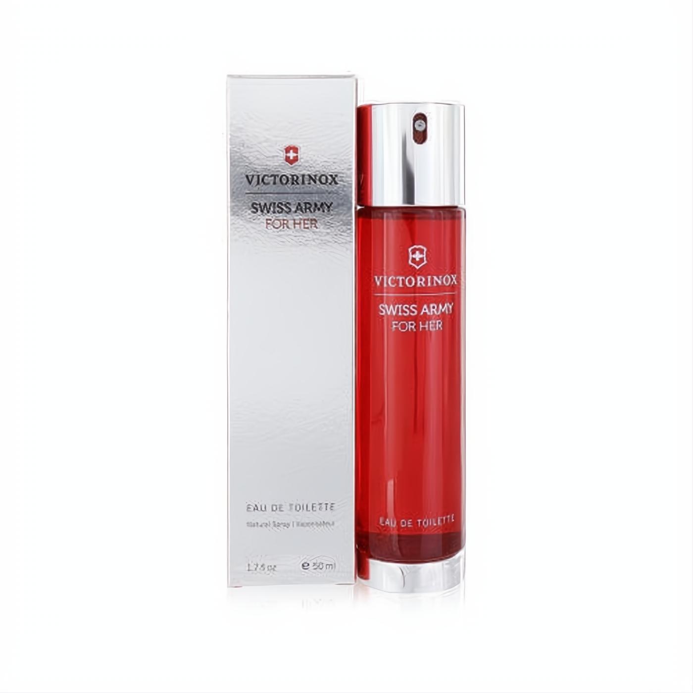 Victorinox Swiss Army For Her Eau De Toilette 1.7 oz. Vibrant red bottle, sleek silver cap, and matching branded box for a fresh scent.