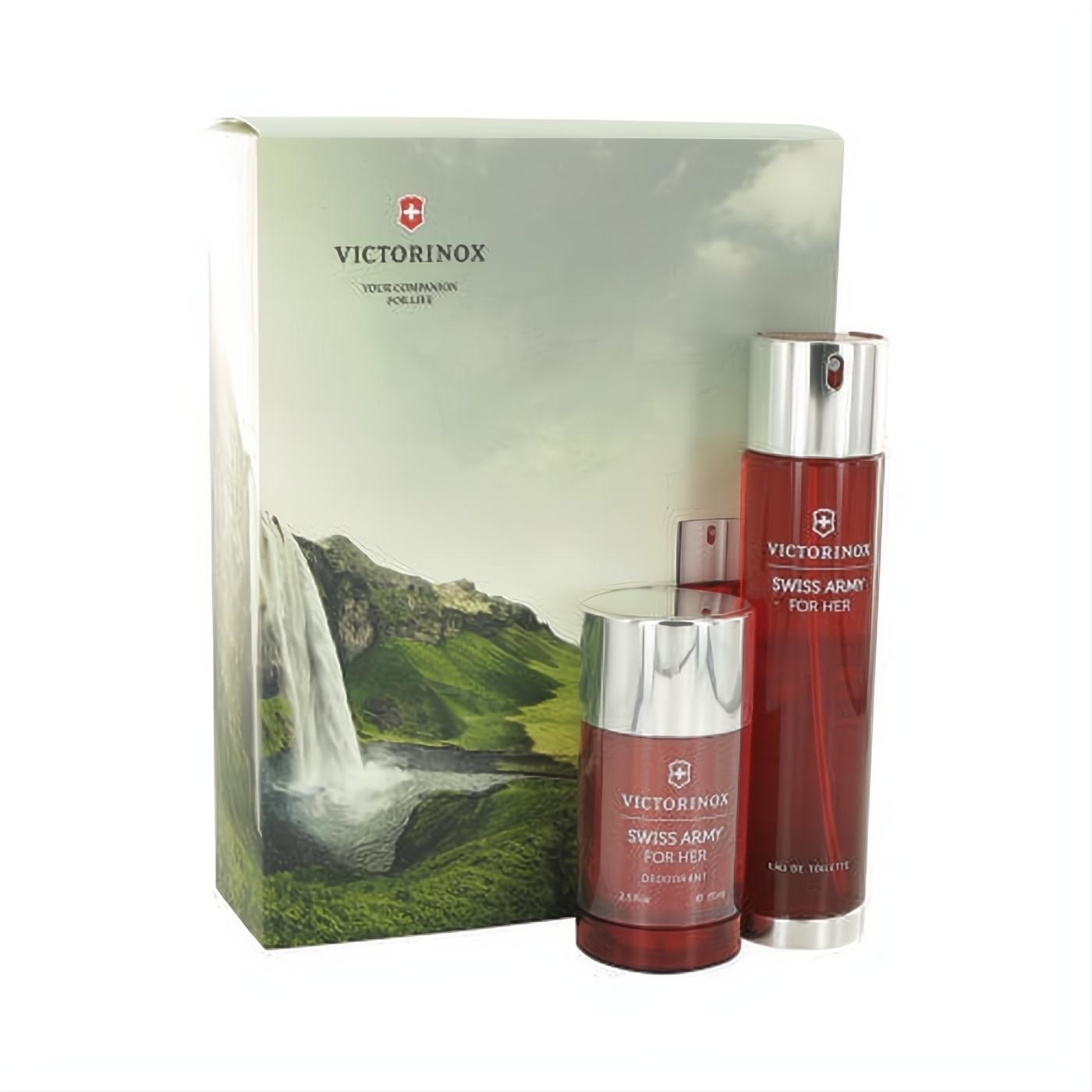 Victorinox Swiss Army For Her gift set: red 3.4 oz EDT spray and 2.5 oz deodorant stick, in a scenic waterfall box.