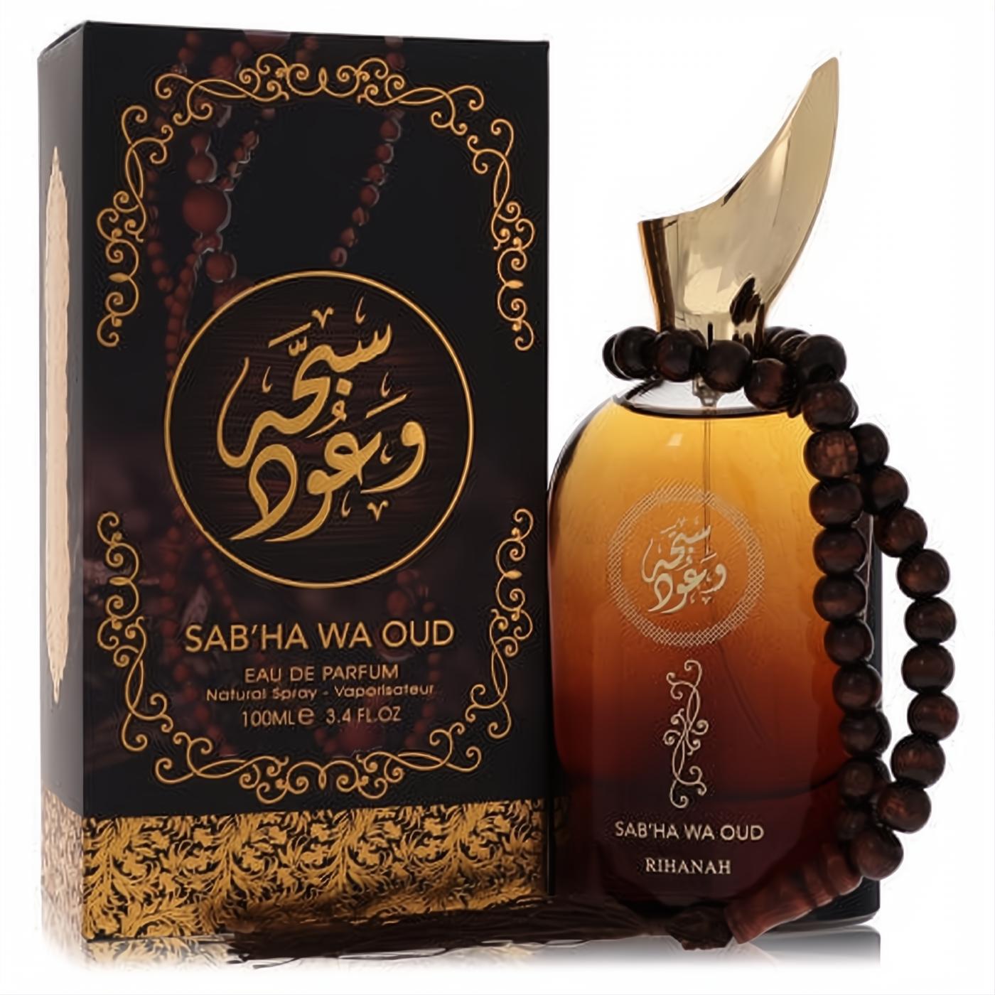 Exquisite Sabha Wa Oud Rihanah 3.4 oz unisex EDP. Amber bottle with unique gold cap, prayer beads, and ornate black & gold box.