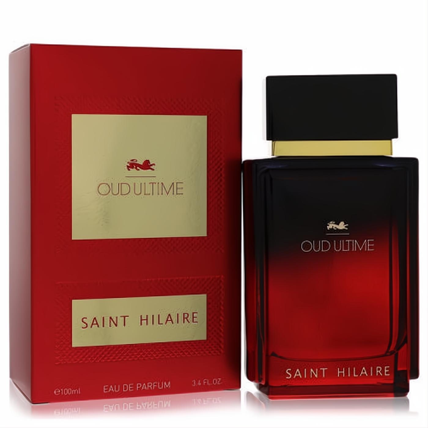 Saint Hilaire Oud Ultime 3.4 oz Eau De Parfum in a luxurious red and black ombre glass bottle with elegant gold branding.