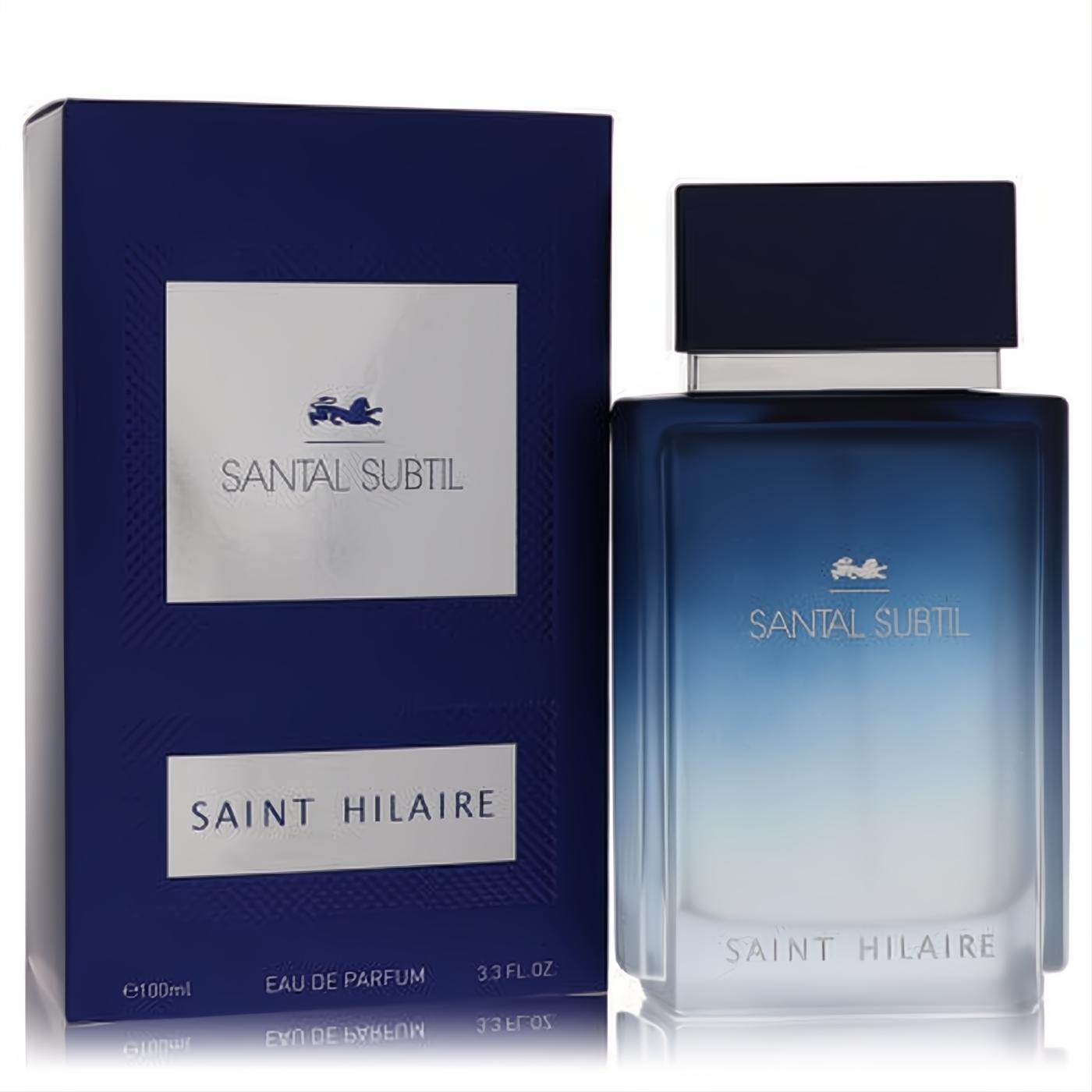 Discover Saint Hilaire Santal Subtil men's 3.4 oz EDP. Features a dark blue box and a sleek gradient glass fragrance bottle.