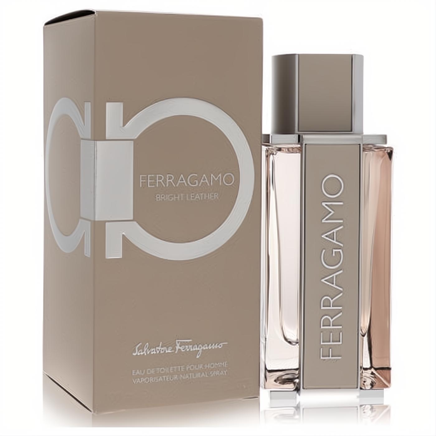 Sophisticated Salvatore Ferragamo Bright Leather EDT. Taupe box with silver Gancini logo, sleek clear bottle with amber men's fragrance.
