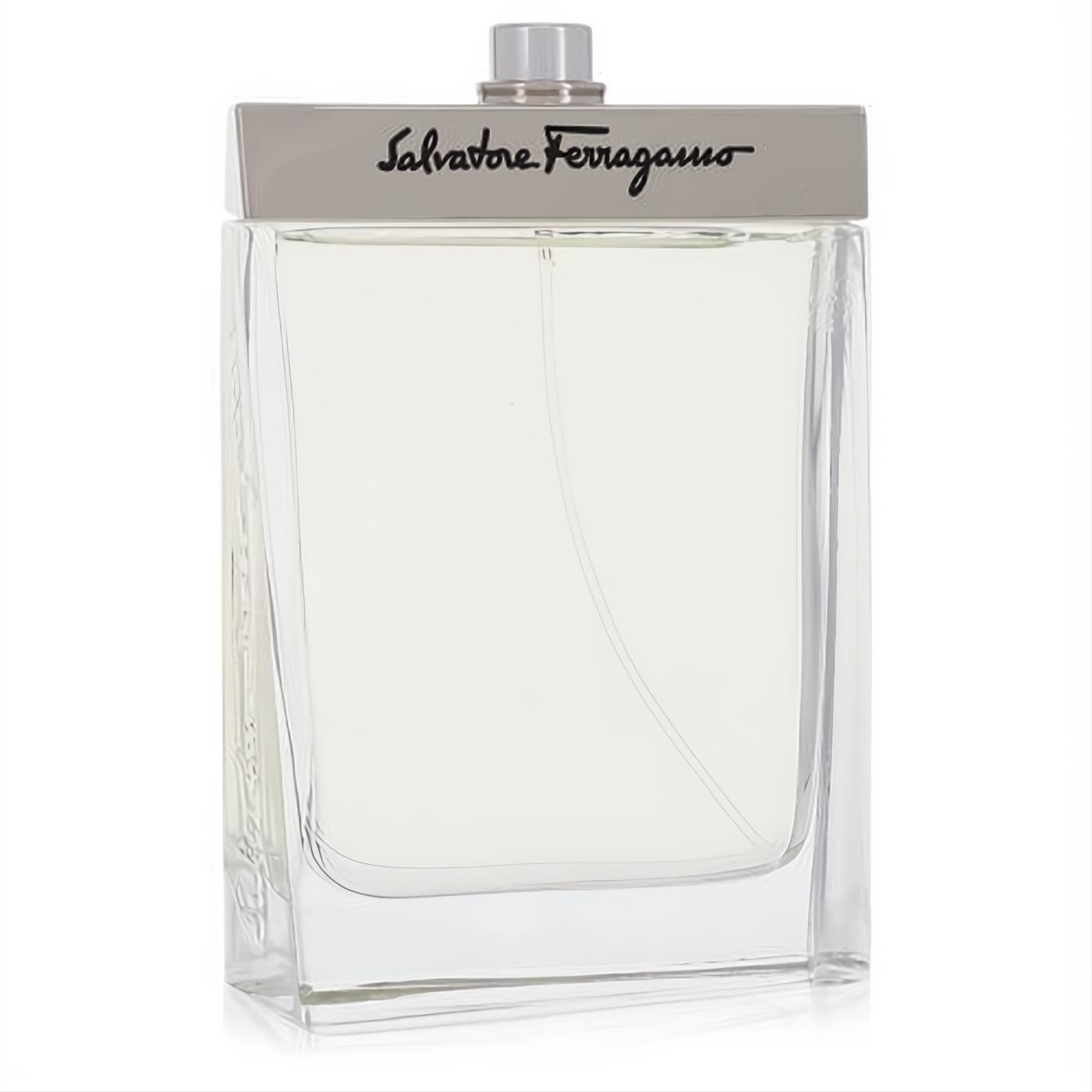 Salvatore Ferragamo men's 3.4 oz EDT tester. Clear glass bottle, elegant silver cap with iconic logo.