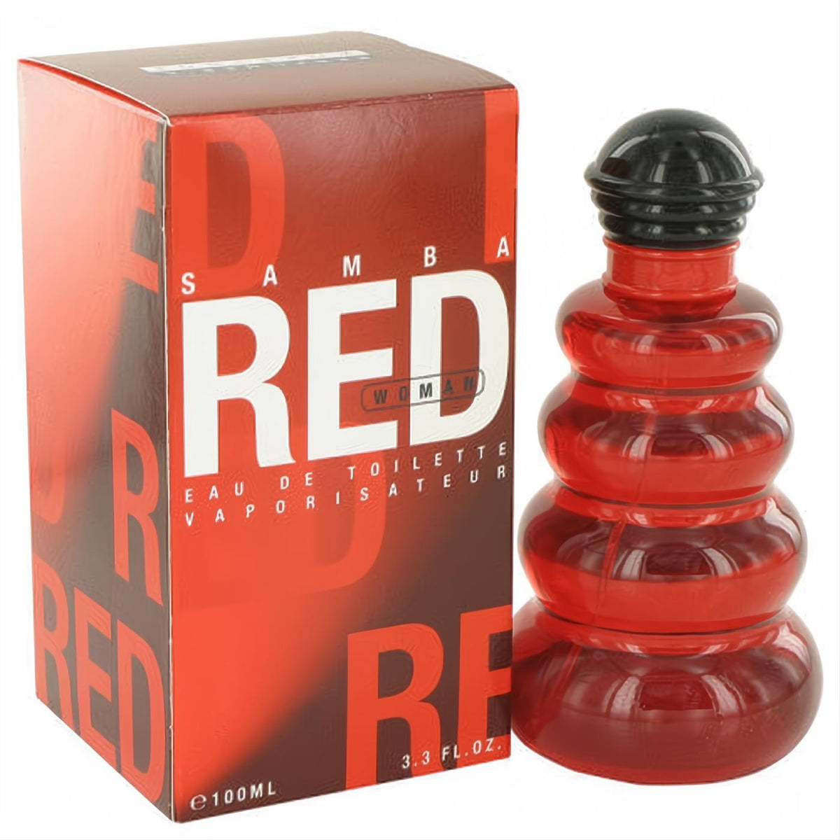 Experience Samba Red women's Eau De Toilette, 3.3 fl. oz. Unique stacked red glass bottle with black cap, next to its bold red box.