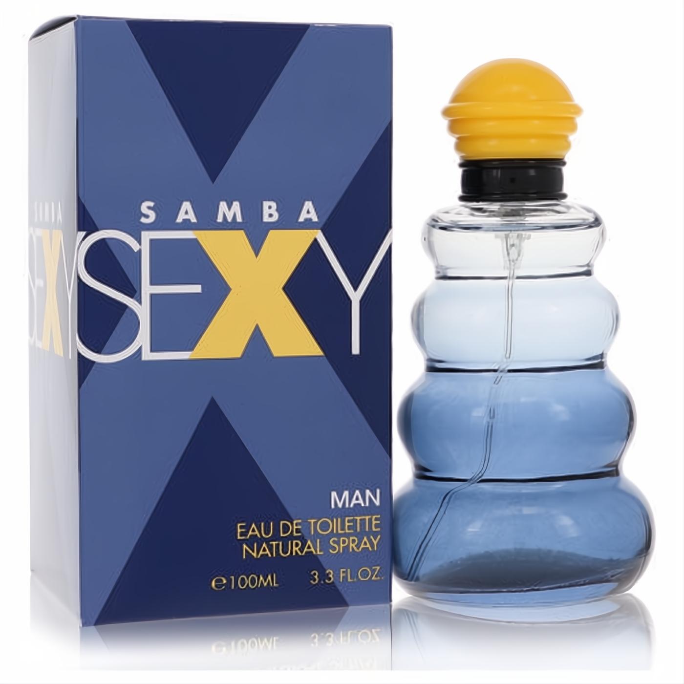Vibrant Samba Sexy men's cologne. Features a unique tiered blue glass bottle with a yellow cap, presented in a bold blue and yellow box.