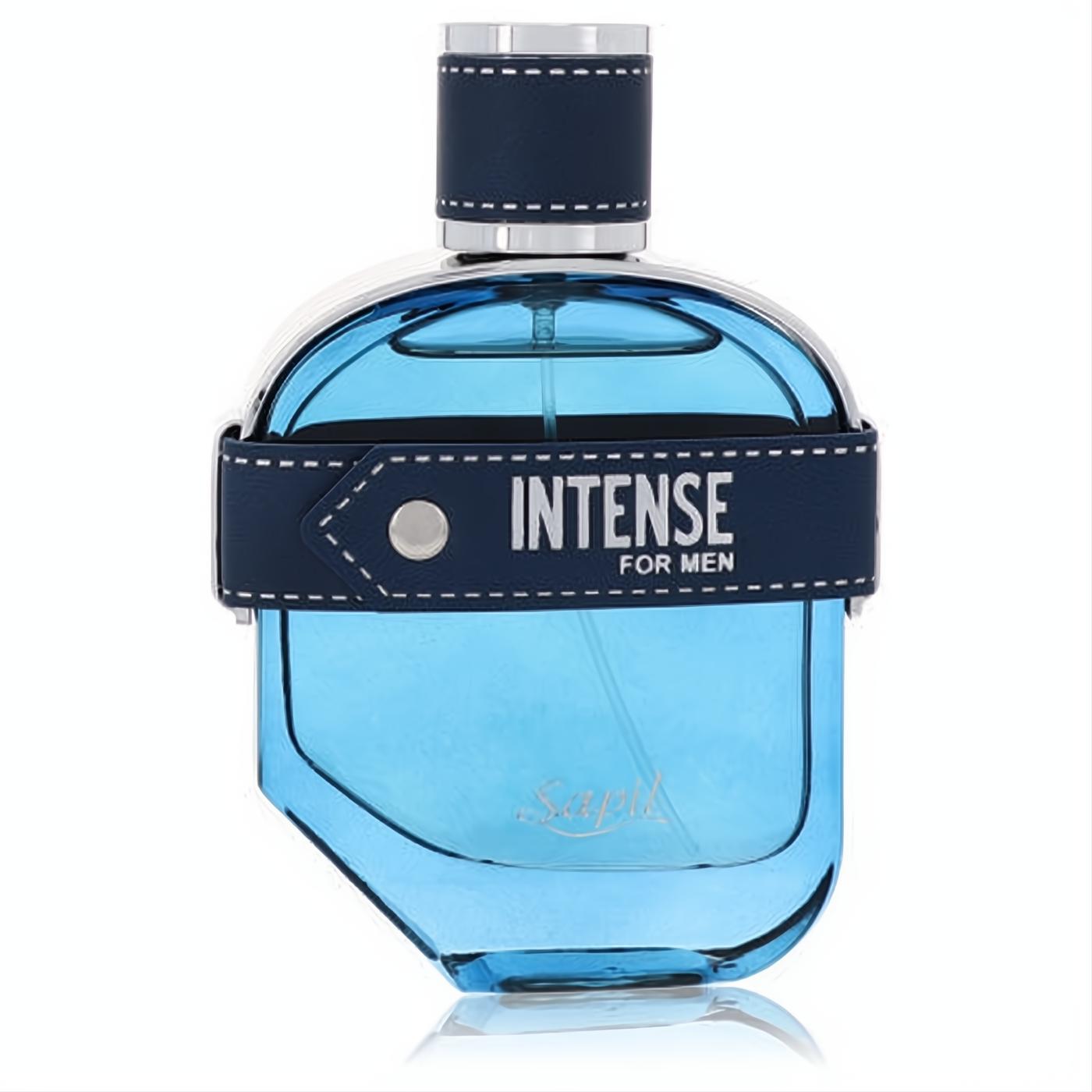 Sapil Intense 3.4 oz men's cologne in a sleek light blue glass bottle with a navy band, white stitching, and silver cap.
