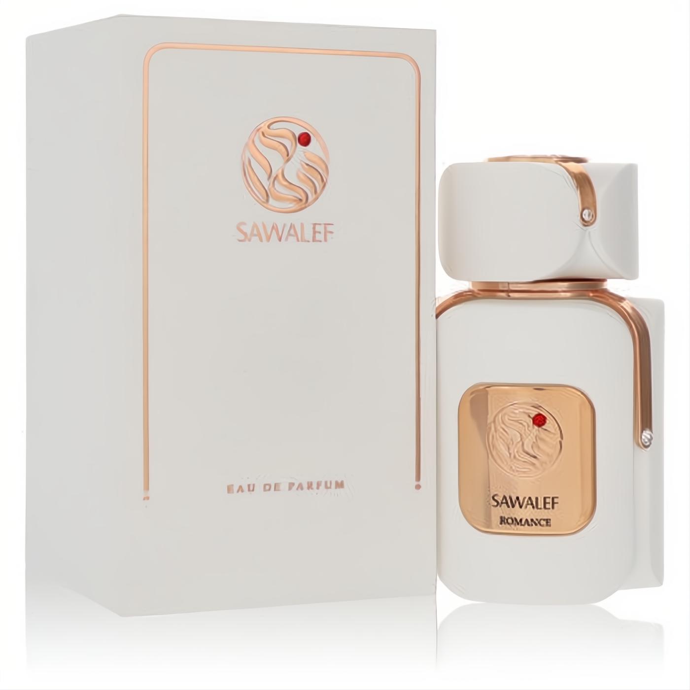 Sawalef Romance Eau De Parfum in a pristine white bottle with elegant rose gold accents and matching box.