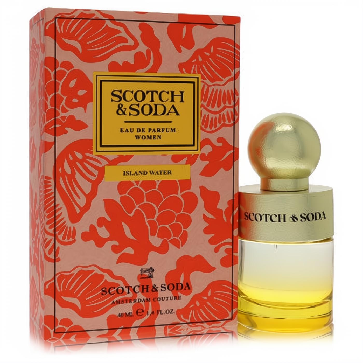 Scotch & Soda Island Water 1.4oz EDP. Elegant clear bottle, golden sphere cap, and a vibrant coral-patterned box.