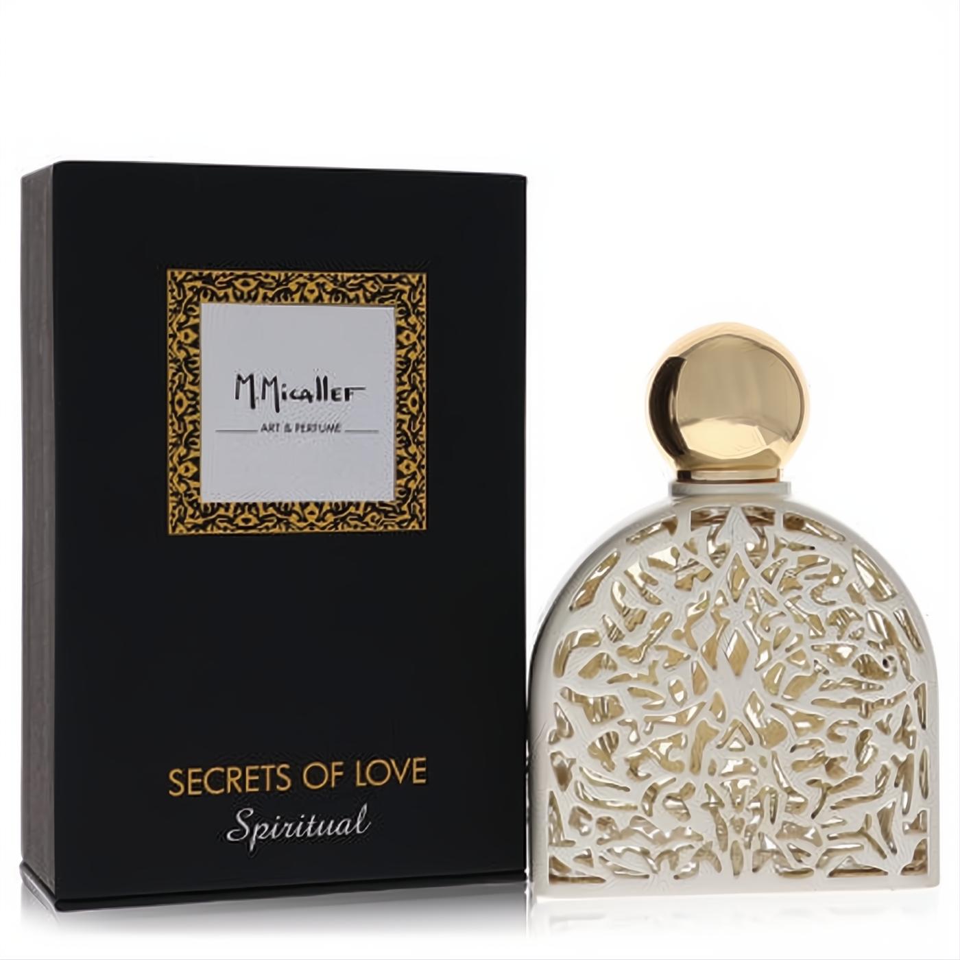 Exquisite M. Micallef Secrets of Love Spiritual perfume. White bottle with stunning gold filigree design, elegant gold cap. Black luxury box.