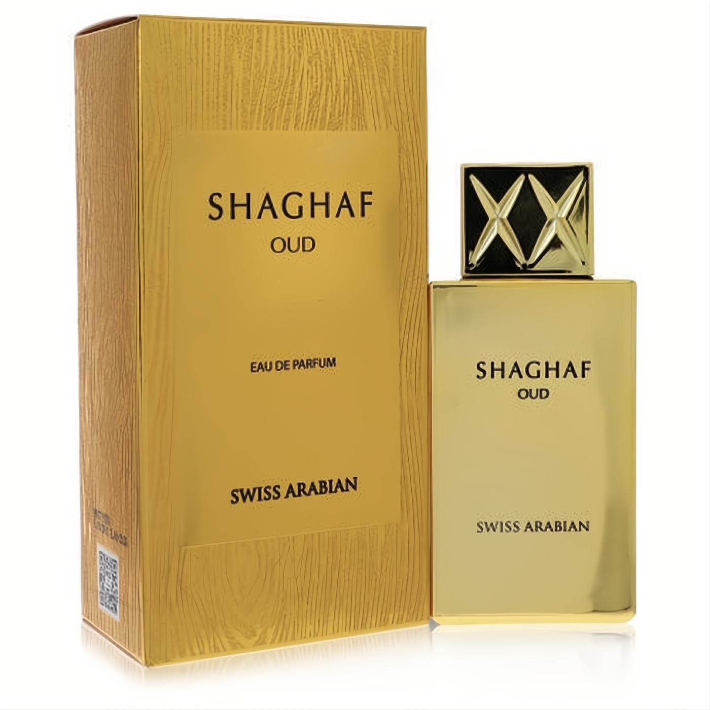 Elegant golden Shaghaf Oud Eau De Parfum bottle by Swiss Arabian, with a distinctive 'XX' cap, beside its textured gold box.