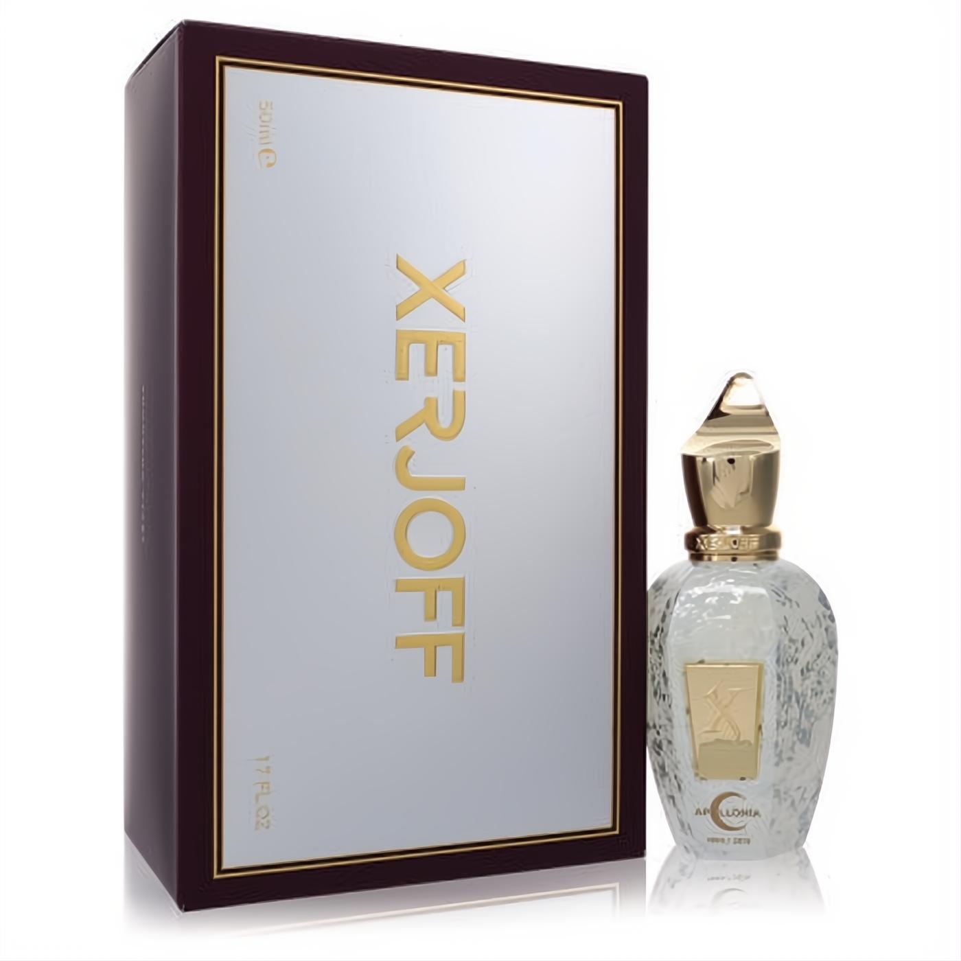 Stunning Xerjoff Apollonia 1.7 oz unisex fragrance in a unique textured glass bottle with gold cap, next to its luxurious burgundy box.