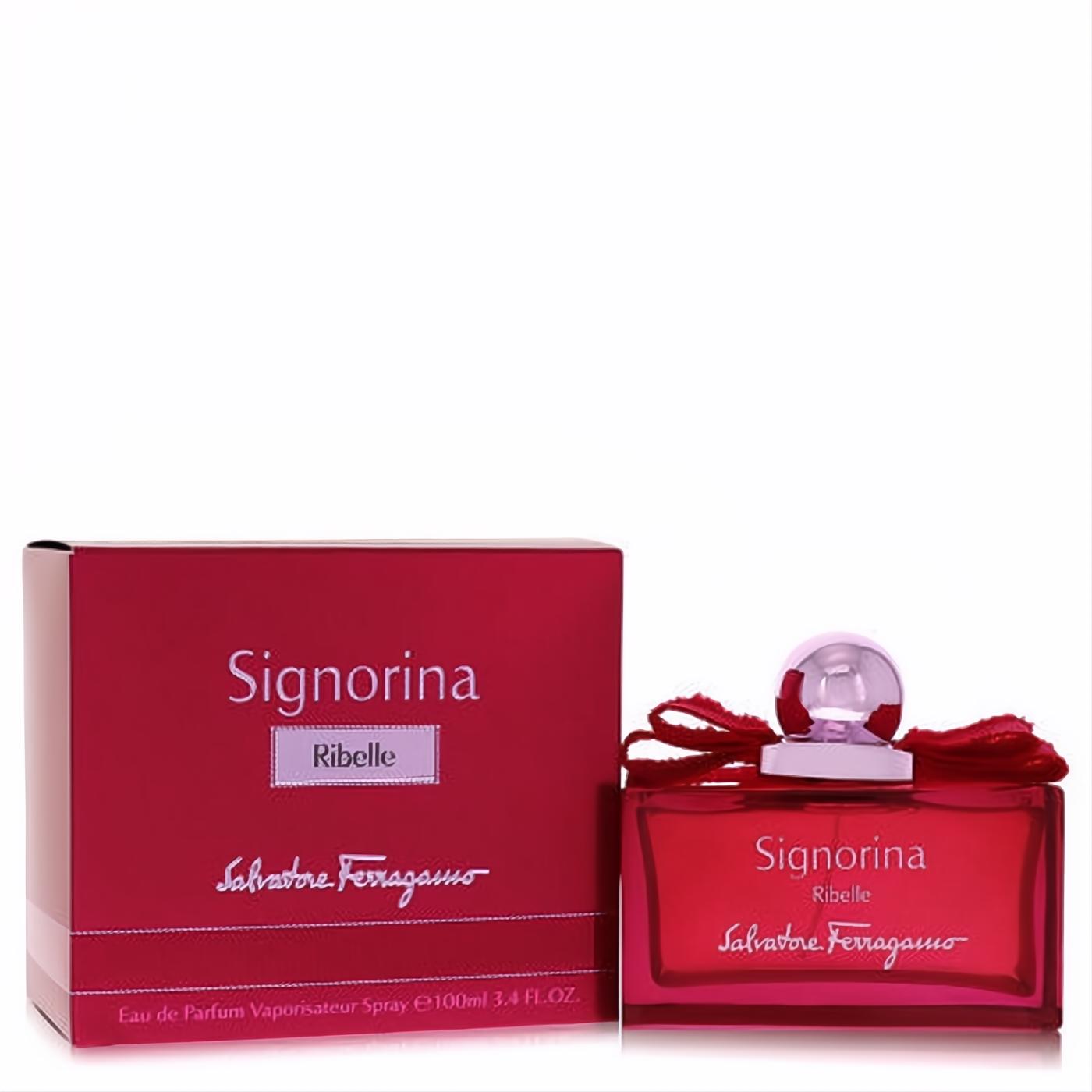 Signorina Ribelle by Salvatore Ferragamo 3.4 oz EDP. Vibrant red glass bottle with a chic ribbon and metallic cap, next to its elegant box.