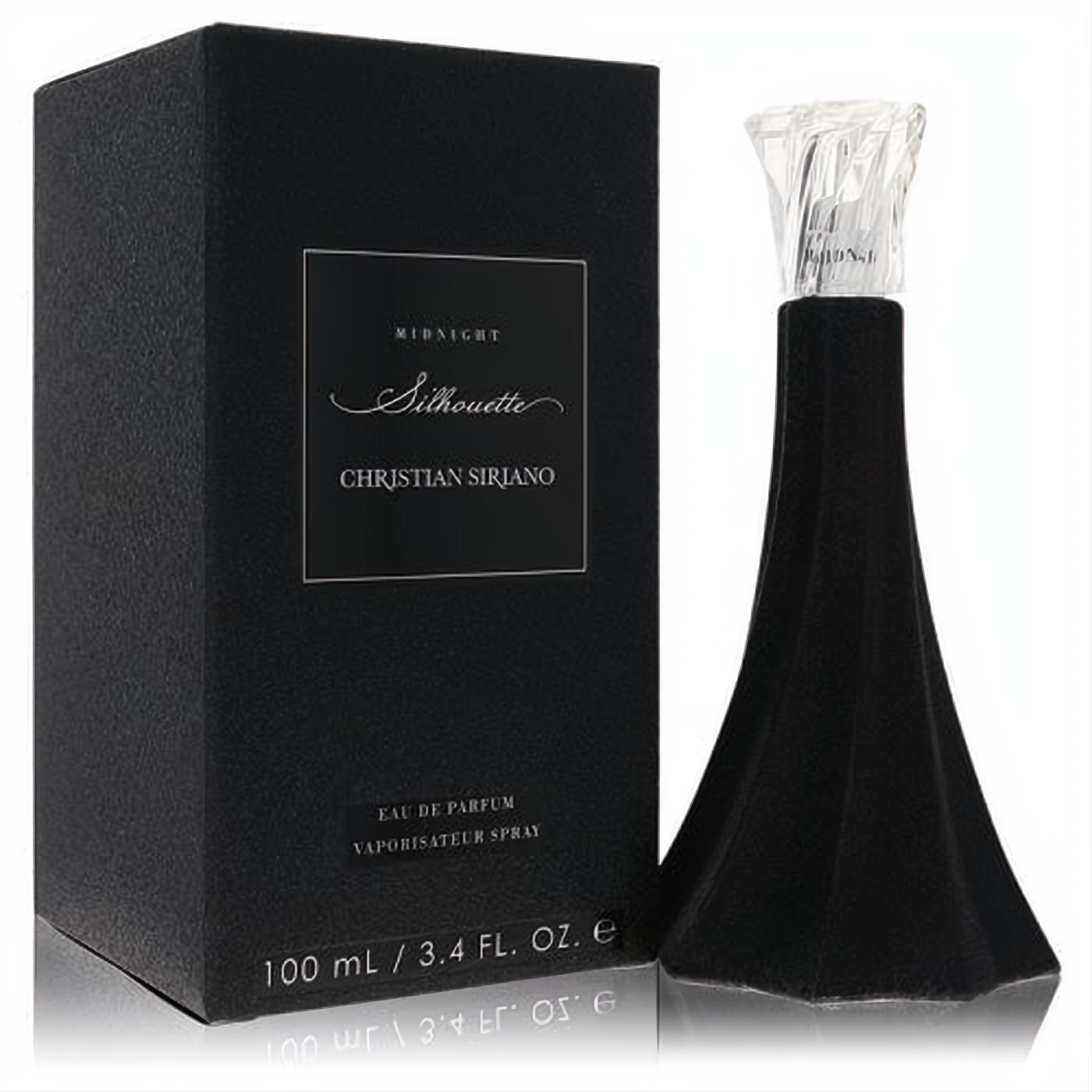 Christian Siriano Silhouette Midnight 3.4 oz EDP. Striking matte black bottle with a unique flared silhouette and clear faceted cap, next to its elegant box.