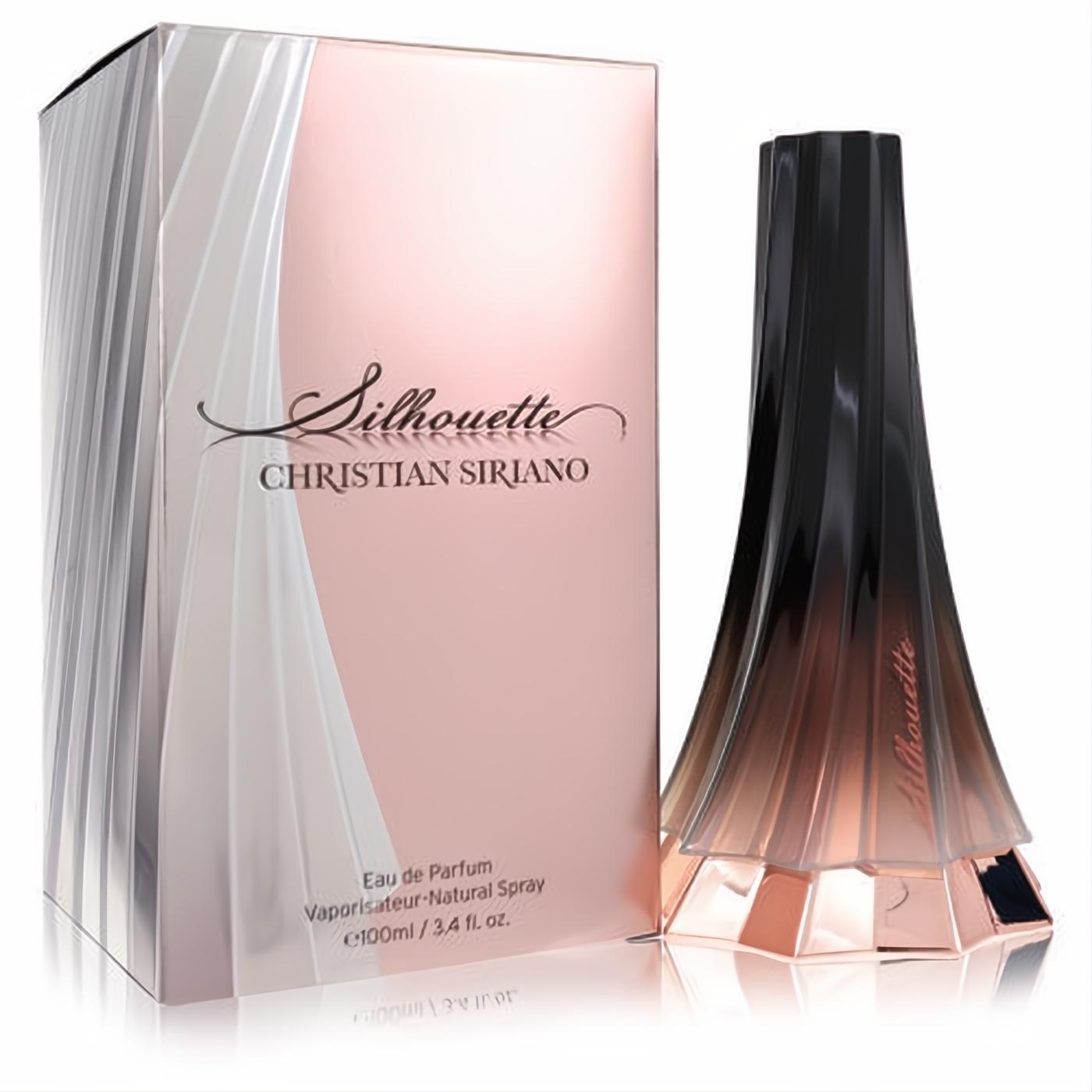 Christian Siriano Silhouette 3.4 oz EDP. Elegant rose gold box, unique ombre glass bottle with a flowing, dress-like design.