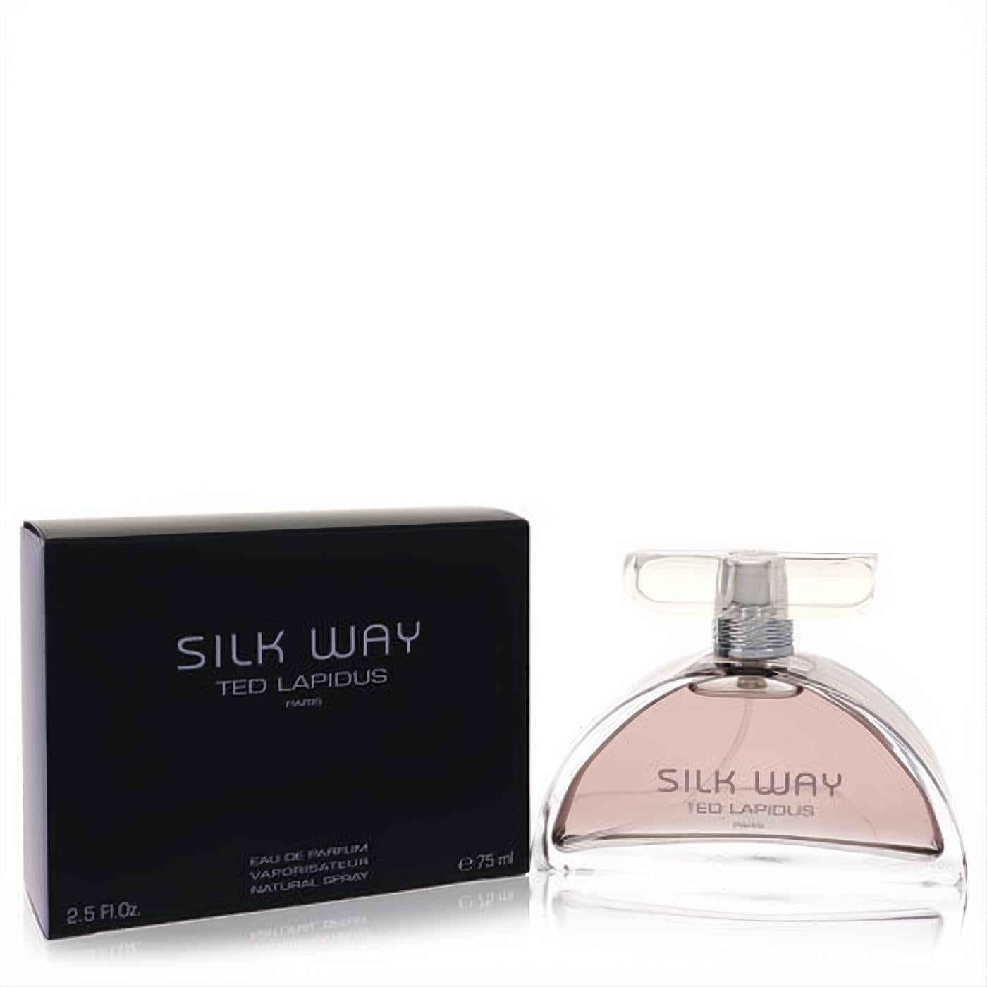 Ted Lapidus Silk Way 2.5 oz women's Eau De Parfum. Chic curved bottle, rosy fragrance, clear cap, and sleek black box.