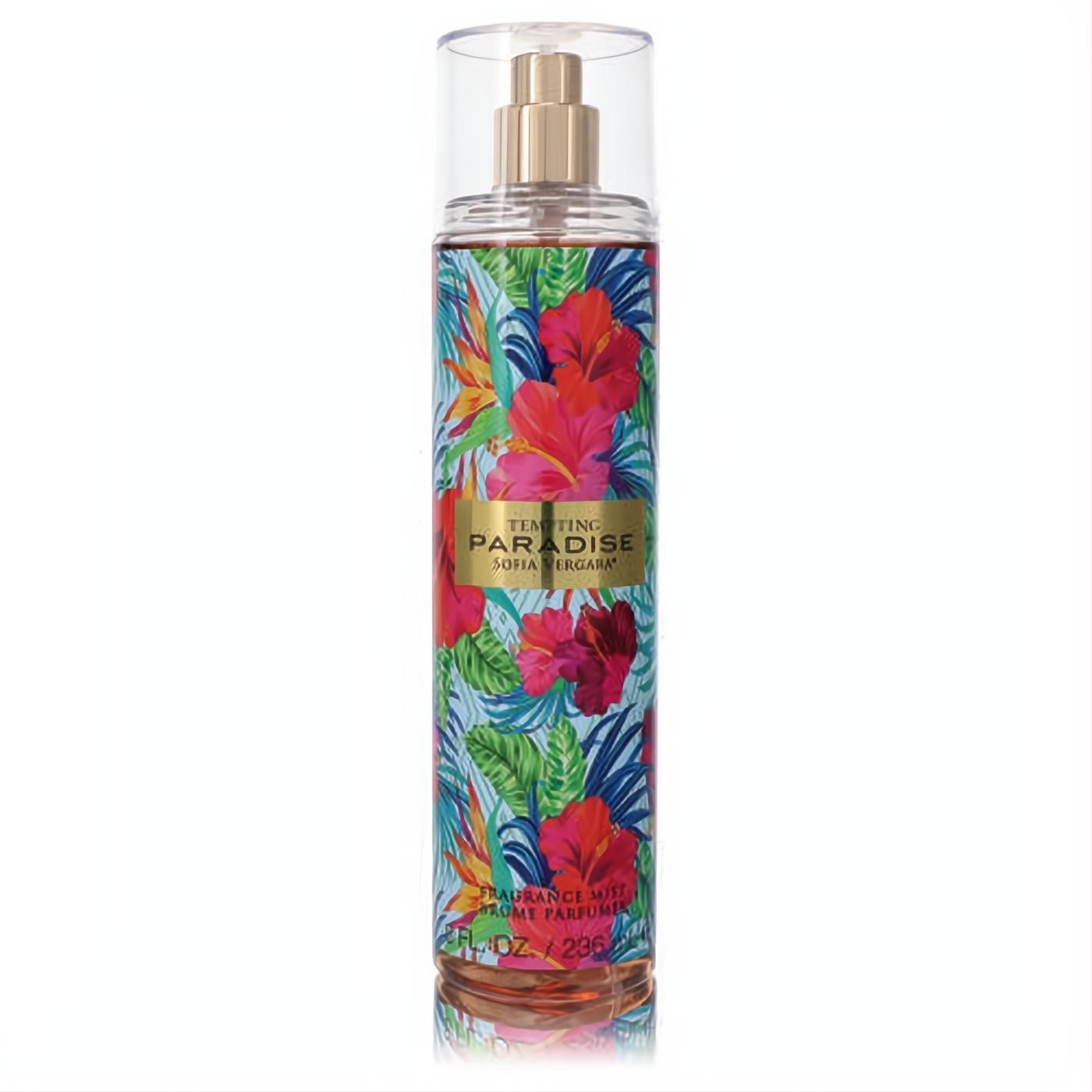 Sofia Vergara Tempting Paradise 8 oz women's body mist. Vibrant tropical floral bottle with red hibiscus, green leaves, and gold sprayer.