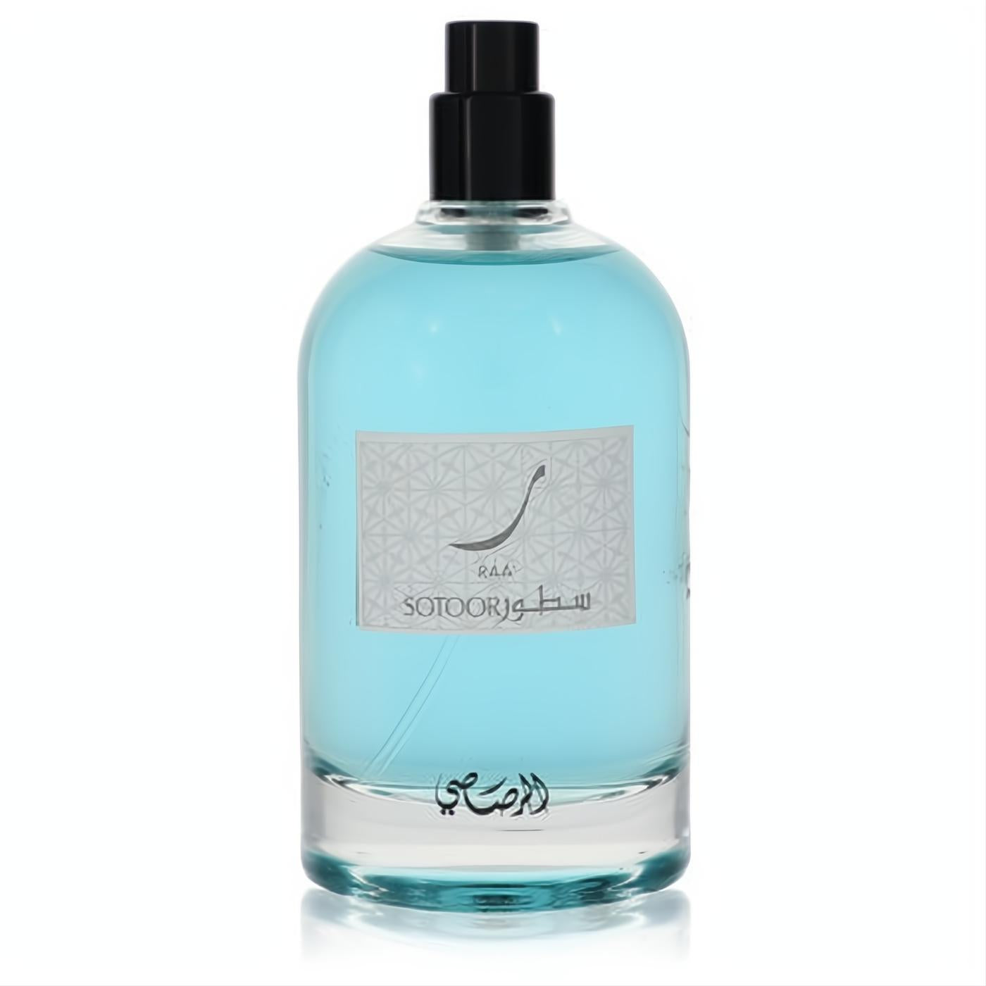 Sleek Rasasi Sotoor RAA women's Eau De Parfum tester. Clear glass bottle, vibrant light blue liquid, black cap, 3.33 oz.