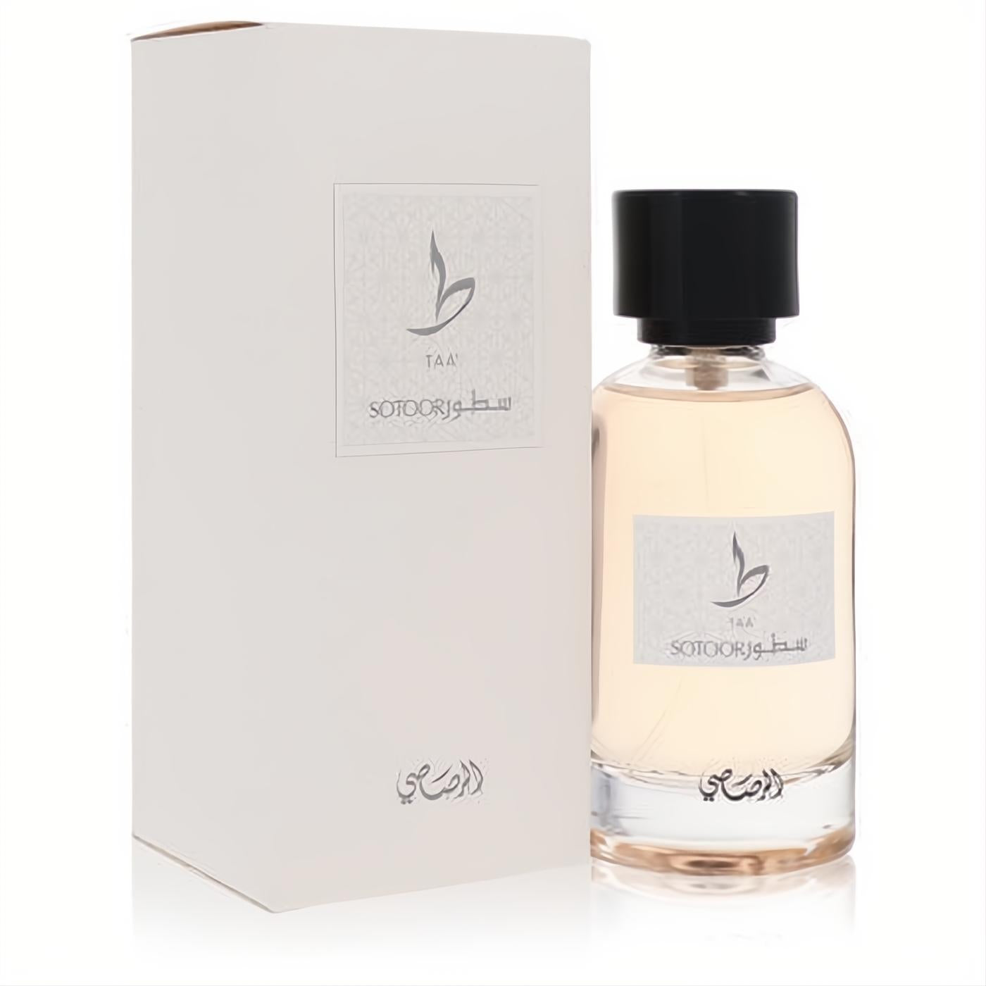 Elegant Sotoor Taa by Rasasi 3.33 oz EDP in a clear glass bottle with light amber liquid and black cap, displayed with its crisp white box.