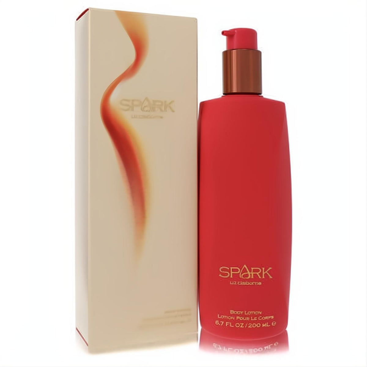 Luxurious Spark Liz Claiborne 6.7 oz body lotion in a vibrant red bottle with a chic rose gold pump, alongside its elegant cream box.