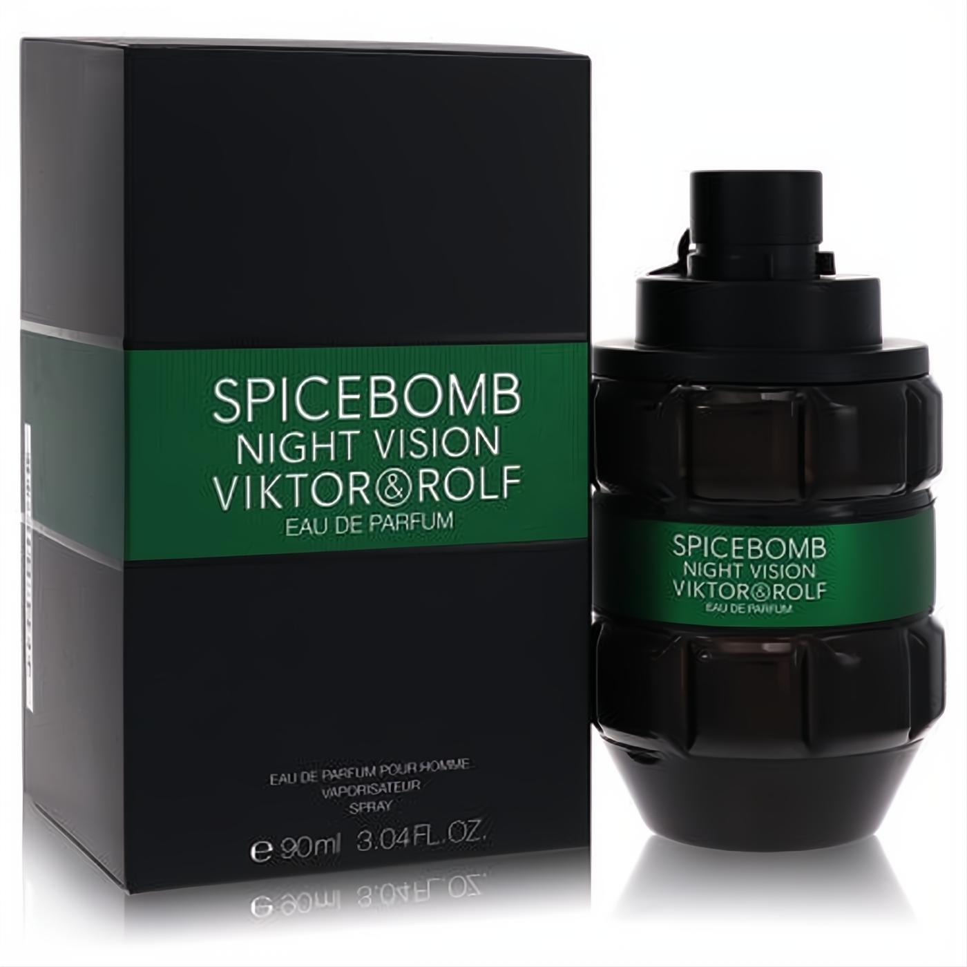Spicebomb Night Vision by Viktor & Rolf 3 oz men's cologne. Bold dark green grenade bottle with vibrant green band and matching box.