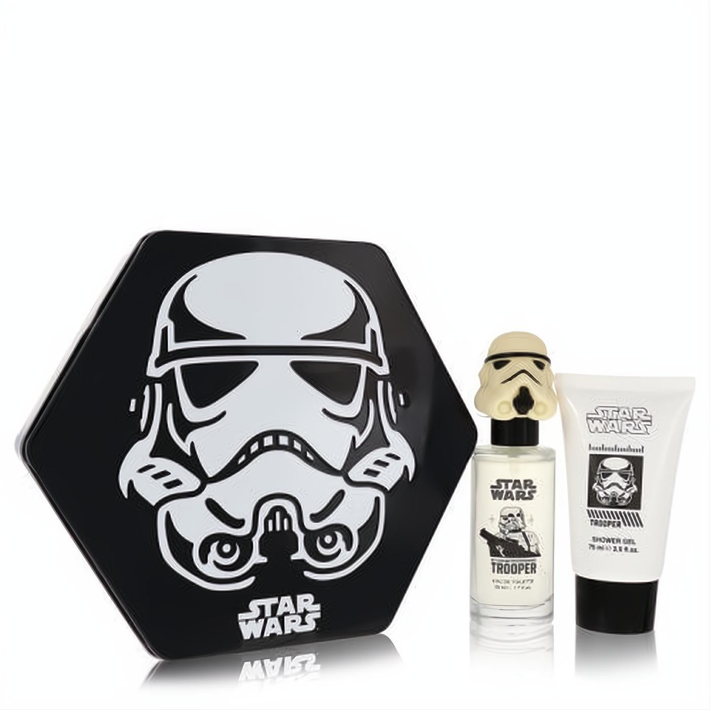 Star Wars Stormtrooper gift set: black hexagonal tin, clear EDT bottle with 3D helmet cap, and white shower gel. Iconic collectible.