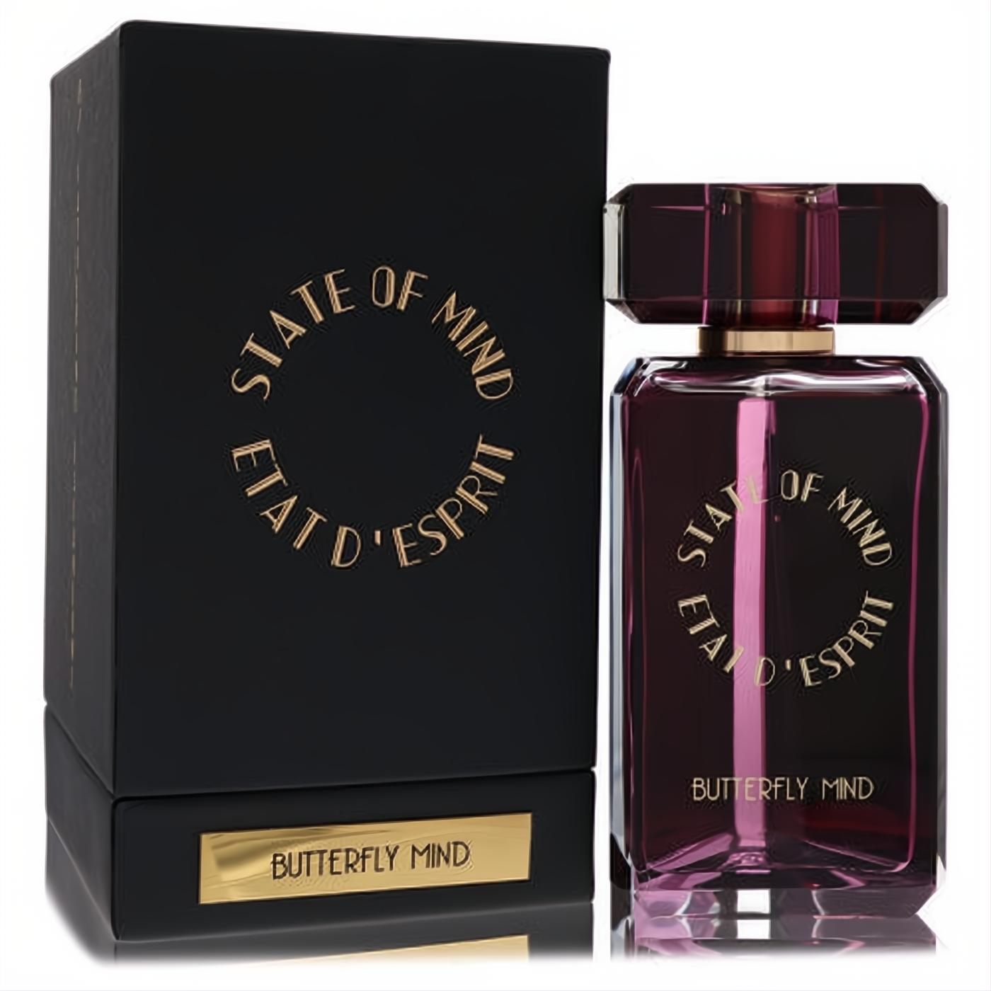 State Of Mind Butterfly Mind 3.4 oz unisex eau de parfum in a deep purple bottle with elegant black and gold luxury packaging.