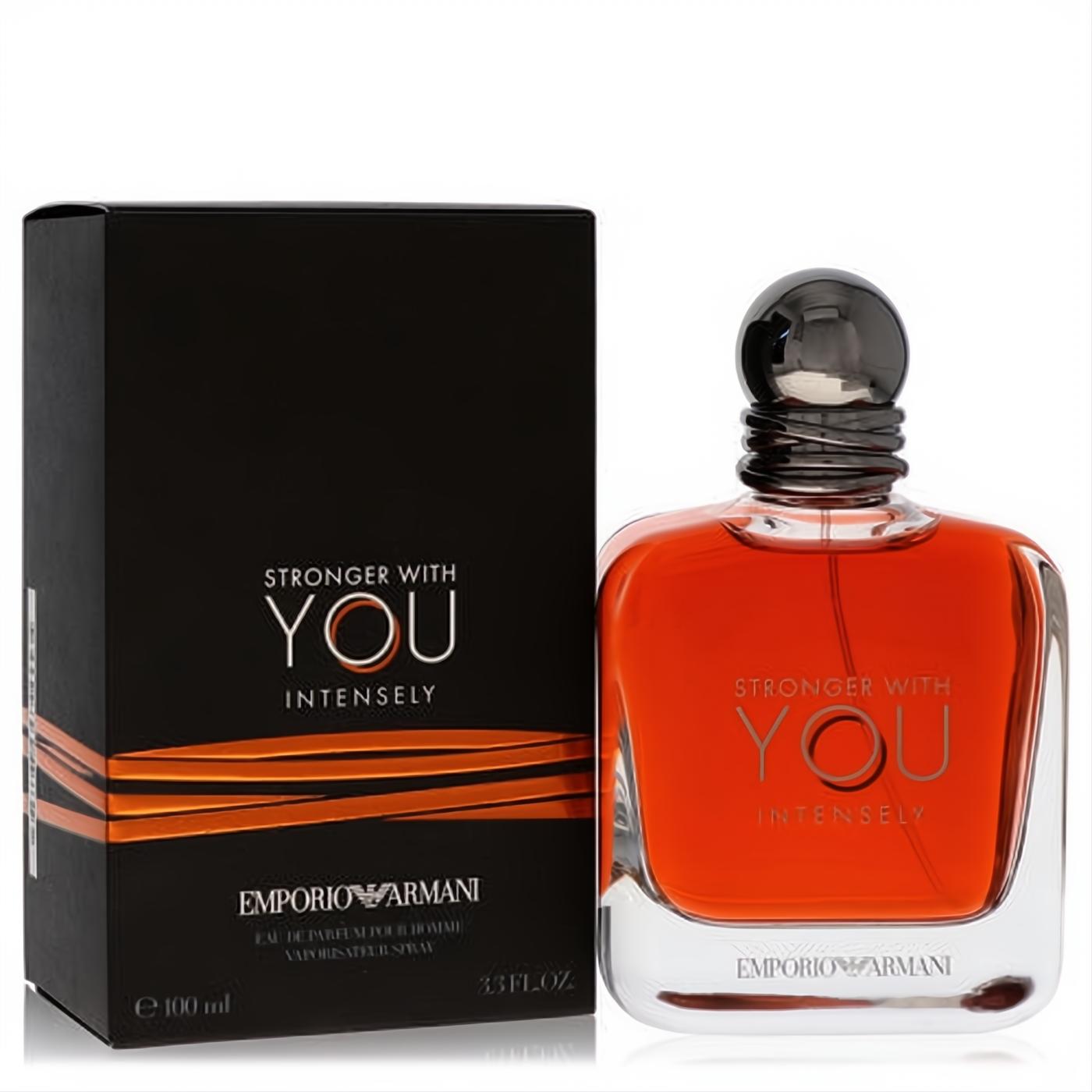 Stronger With You Intensely 3.4 oz men's cologne. Amber liquid in a sleek bottle with a dark metallic cap, next to its black and orange box.
