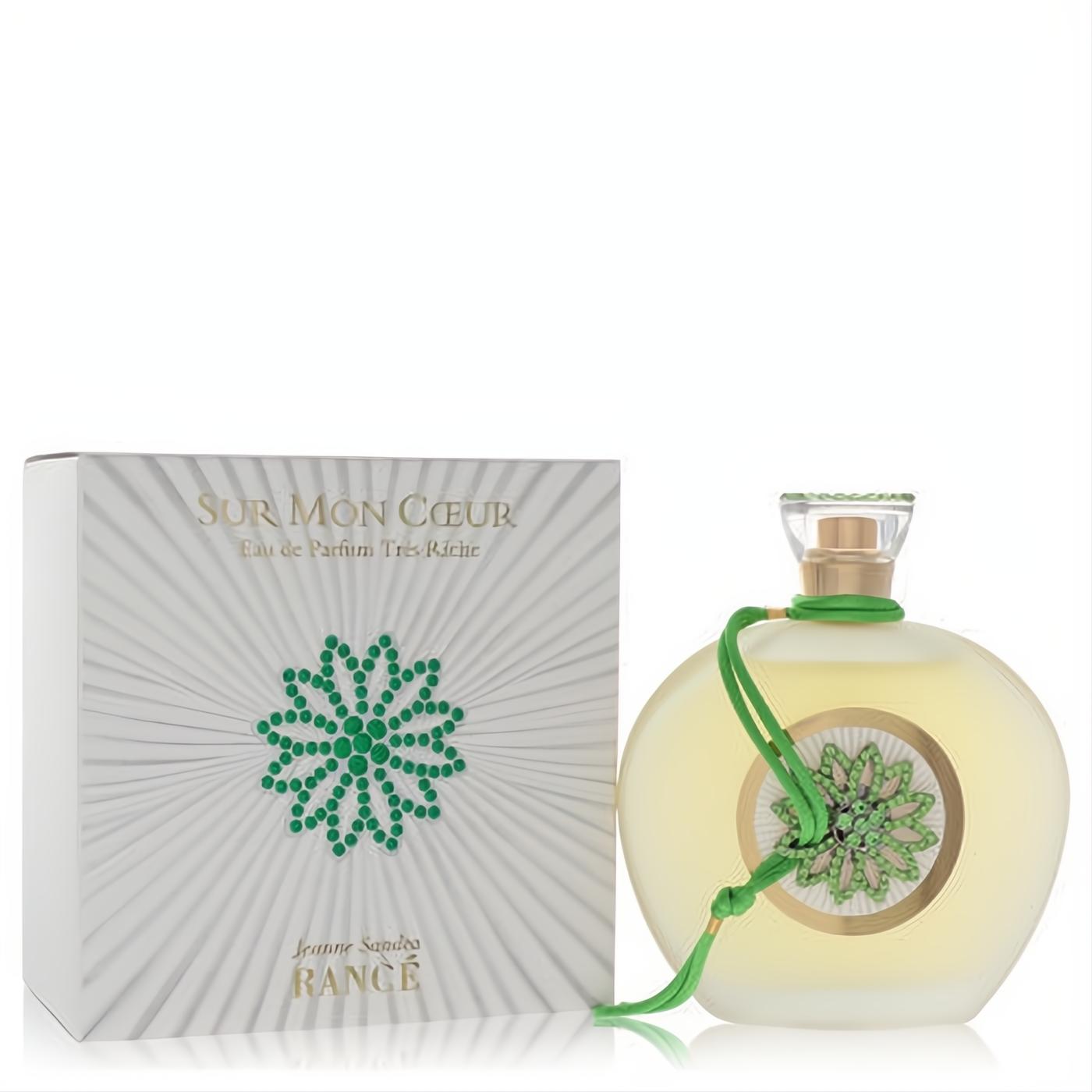Sensual Rance Sur Mon Coeur 3.4 oz EDP, frosted yellow bottle with vibrant green floral medallion and box.
