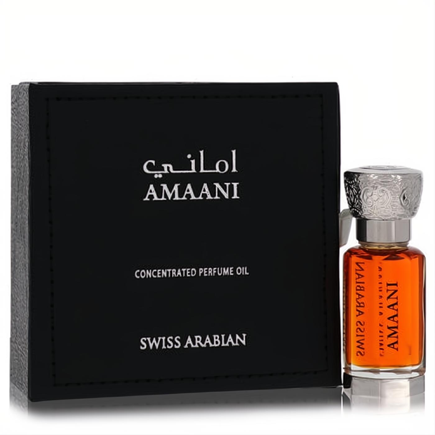 Luxurious Swiss Arabian Amaani concentrated perfume oil in an amber bottle with an ornate silver cap, beside its sleek black box.