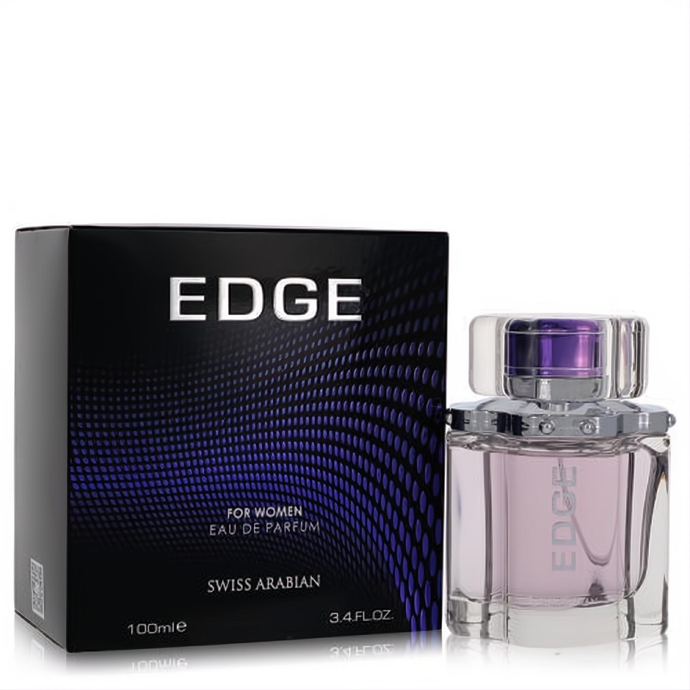 Experience Swiss Arabian Edge for Women 3.4 oz EDP. Elegant clear bottle with light purple fragrance, silver accents, and a sleek black box.