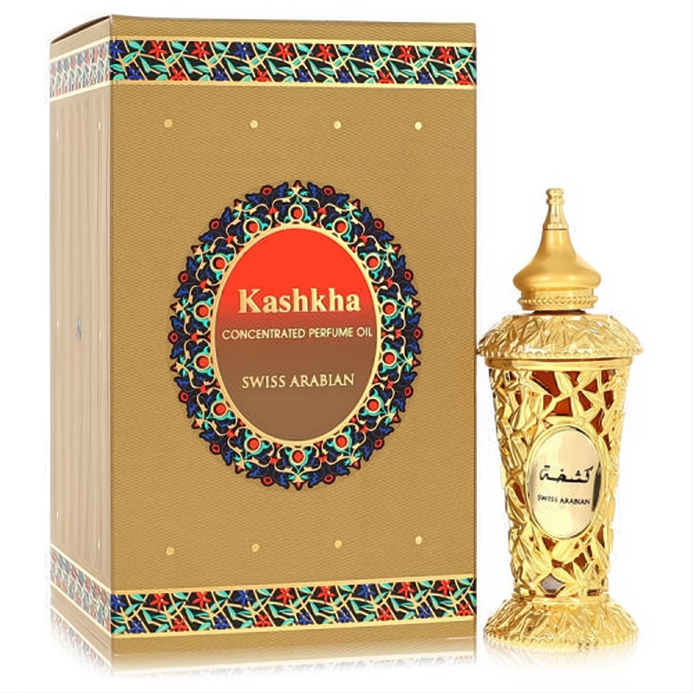 Exquisite Swiss Arabian Kashkha unisex concentrated perfume oil. Ornate gold Arabian bottle and decorative box.